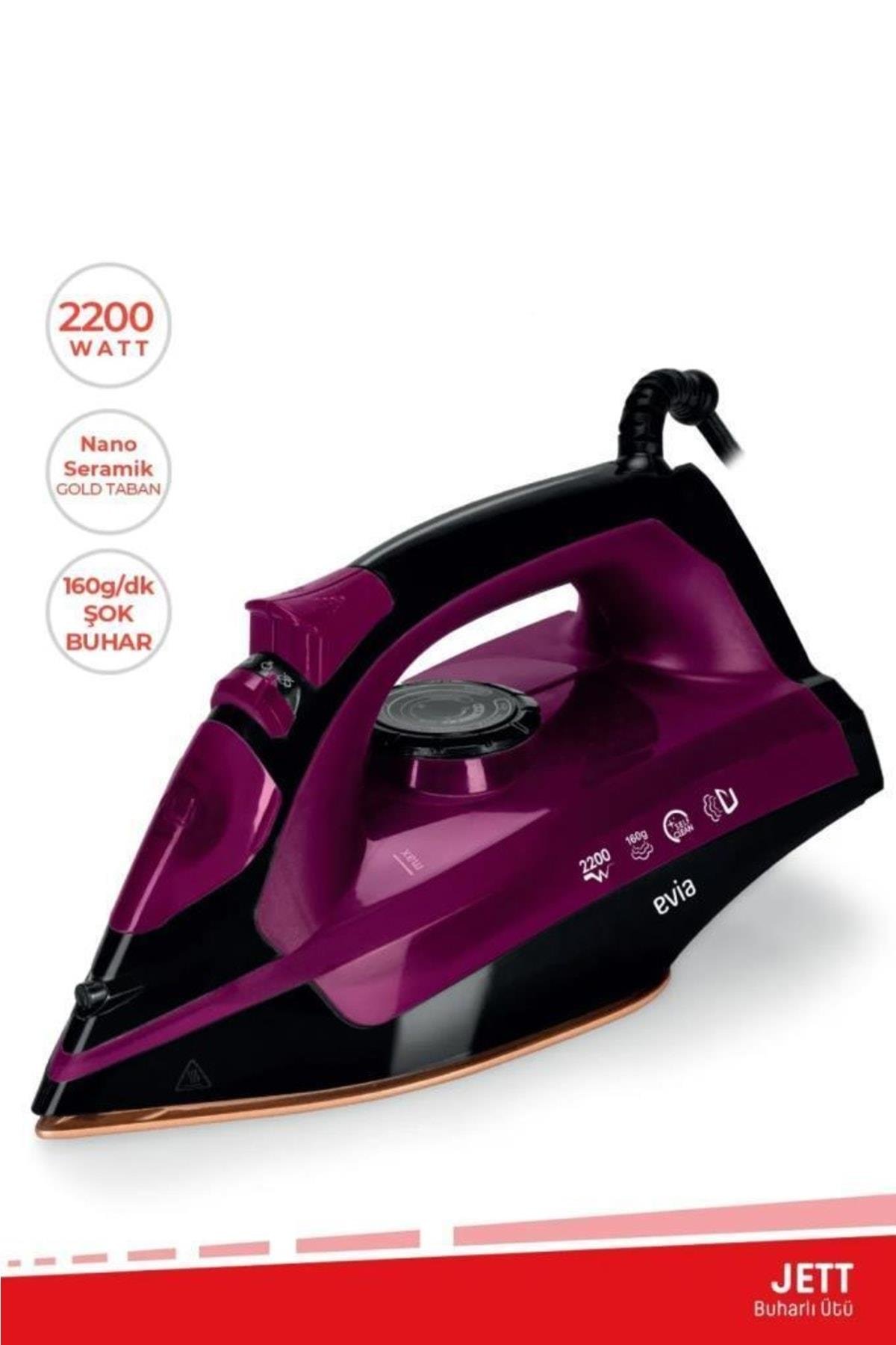 Evia Jett 2200 Watt Seramik Tabanlı Şok Buharlı Ütü Siyah Mor
