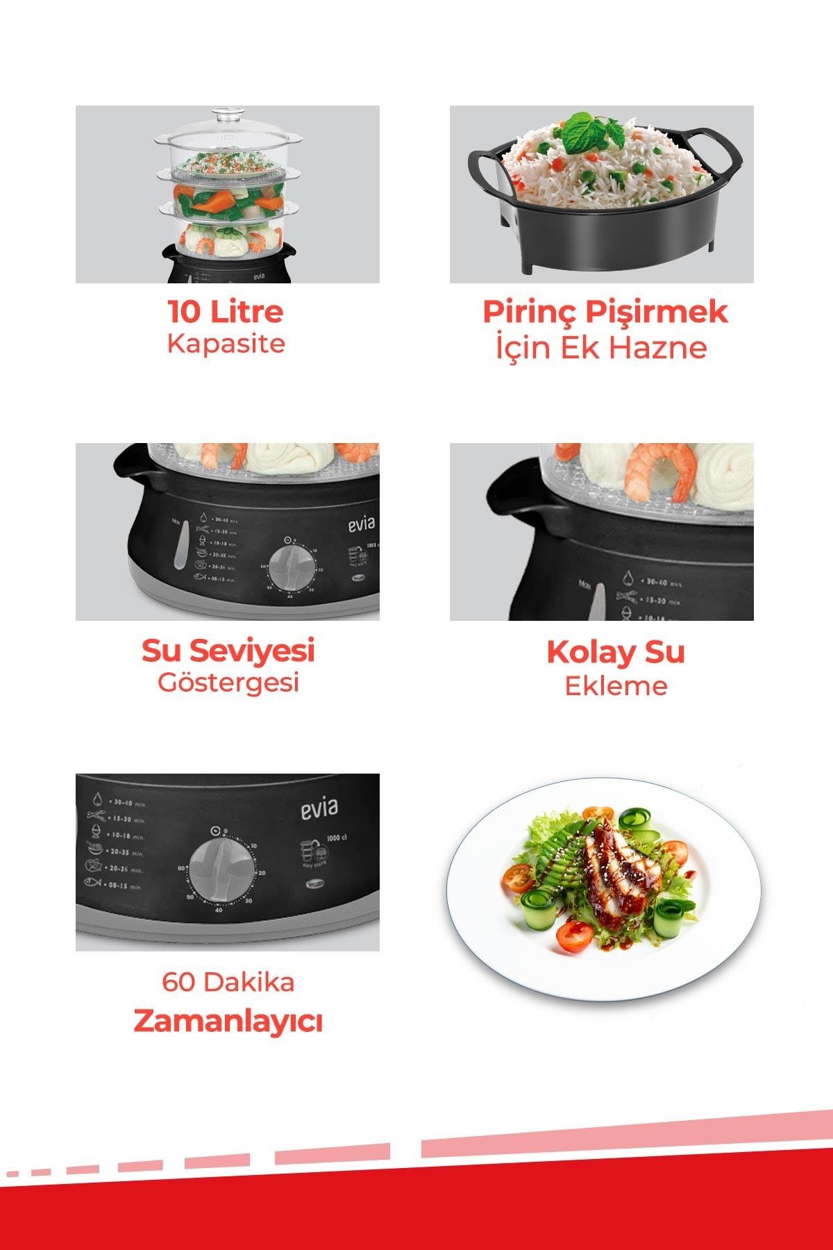 Evia Zaman Ayarlı 10 Litre Bpa İçermeyen Buharlı Pişirici