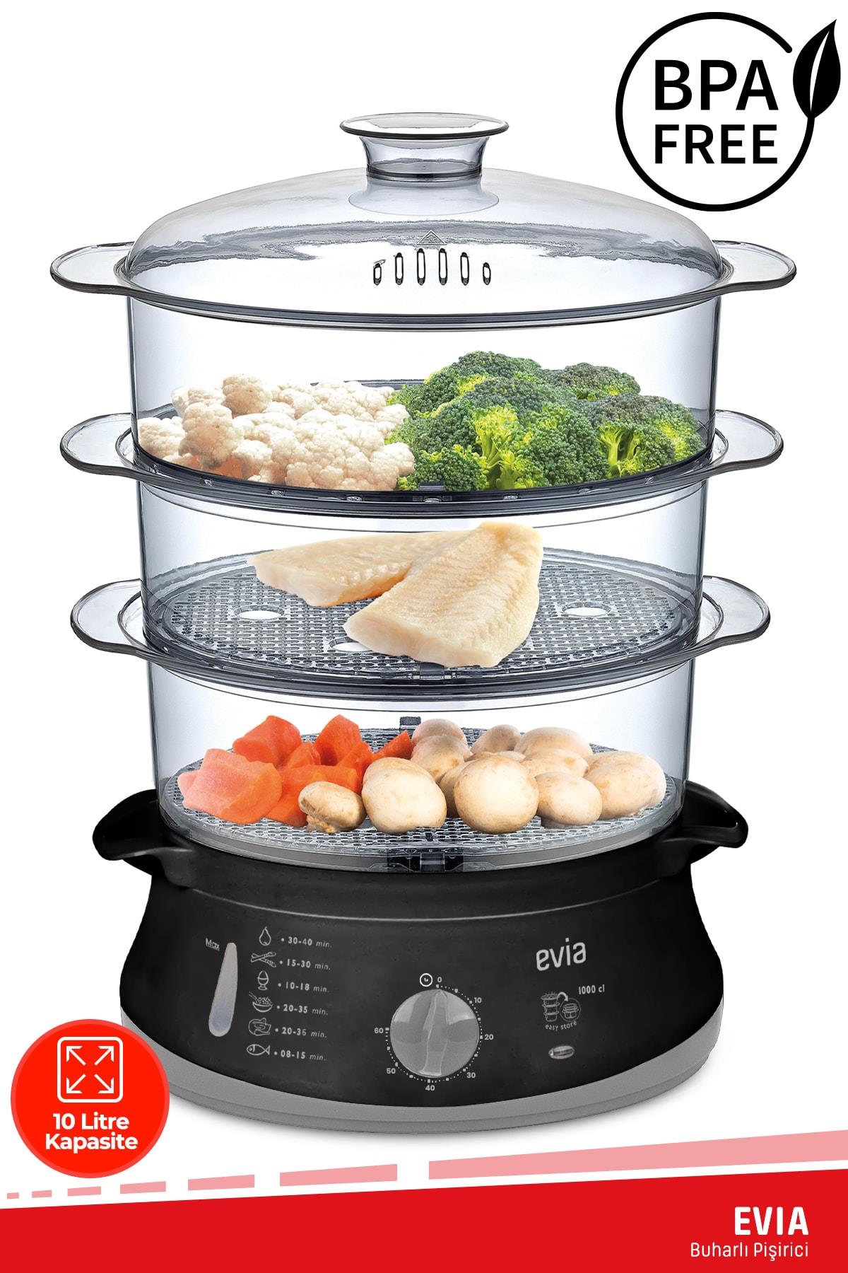 Evia Zaman Ayarlı 10 Litre Bpa İçermeyen Buharlı Pişirici