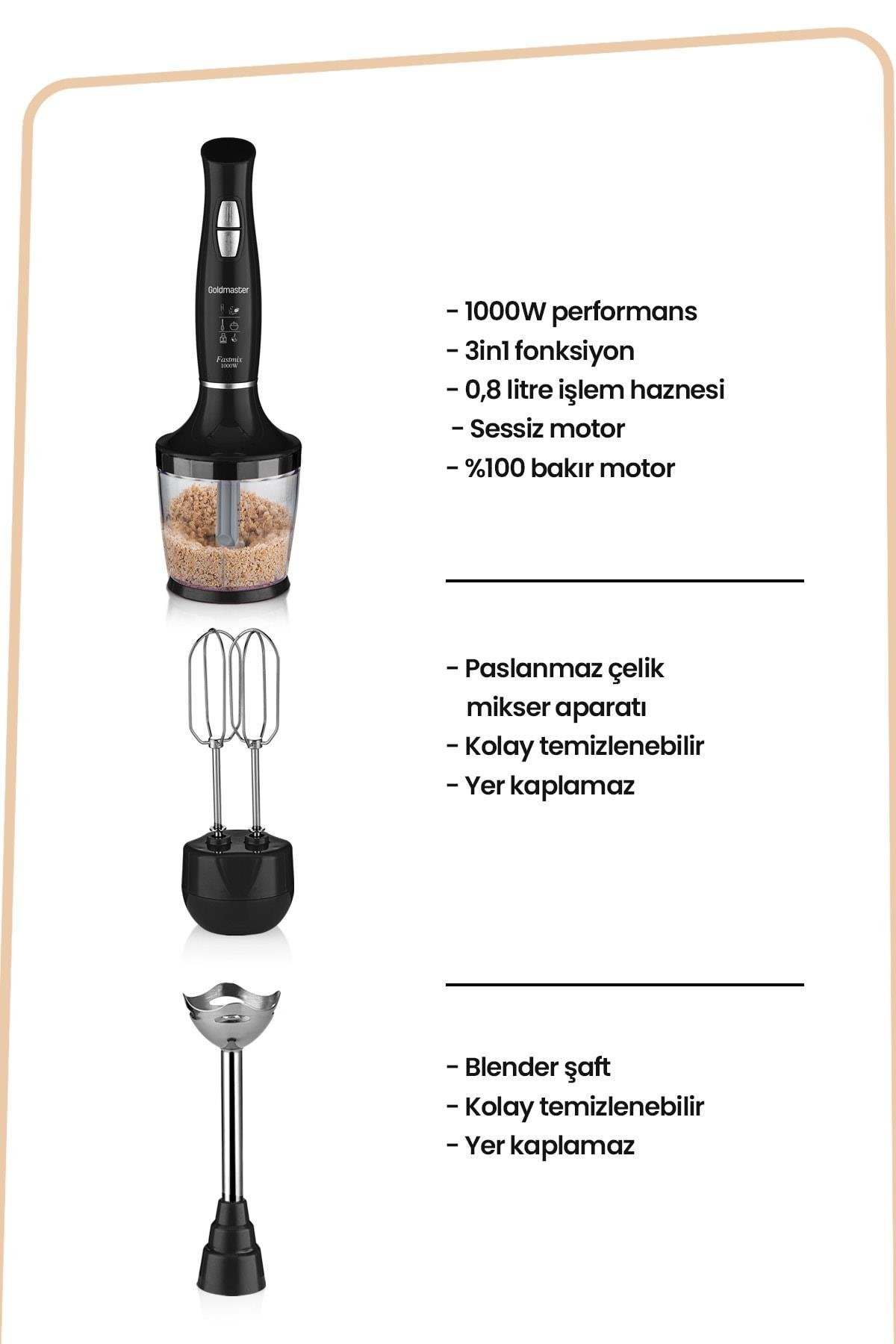 Goldmaster Fastmix Siyah Sessiz Hız Ayarlı 3 In 1 Blender Seti