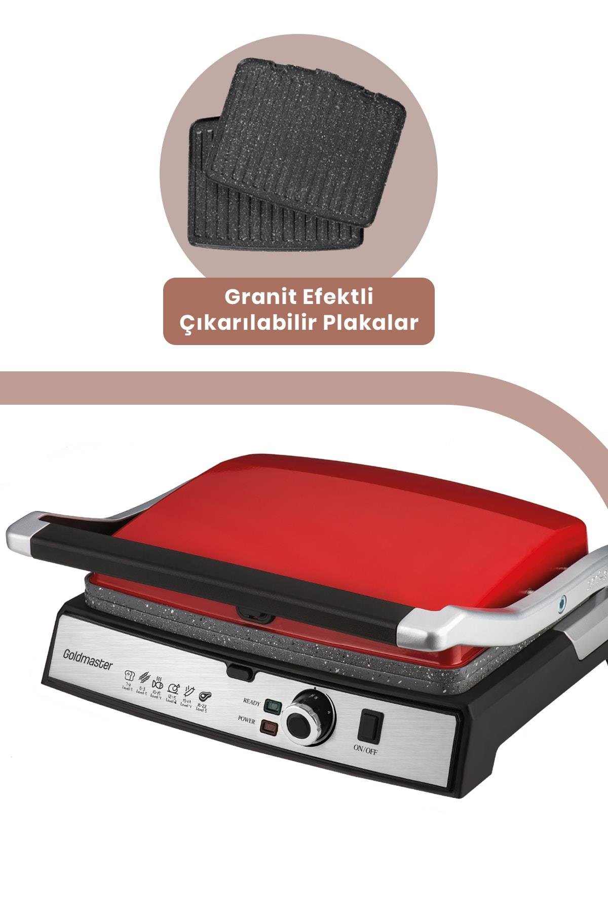 Gralux Kırmızı Paslanmaz Çelik 2000 Watt Granit Çıkarılabilir Plakalı Tost Ve Izgara Makinesi