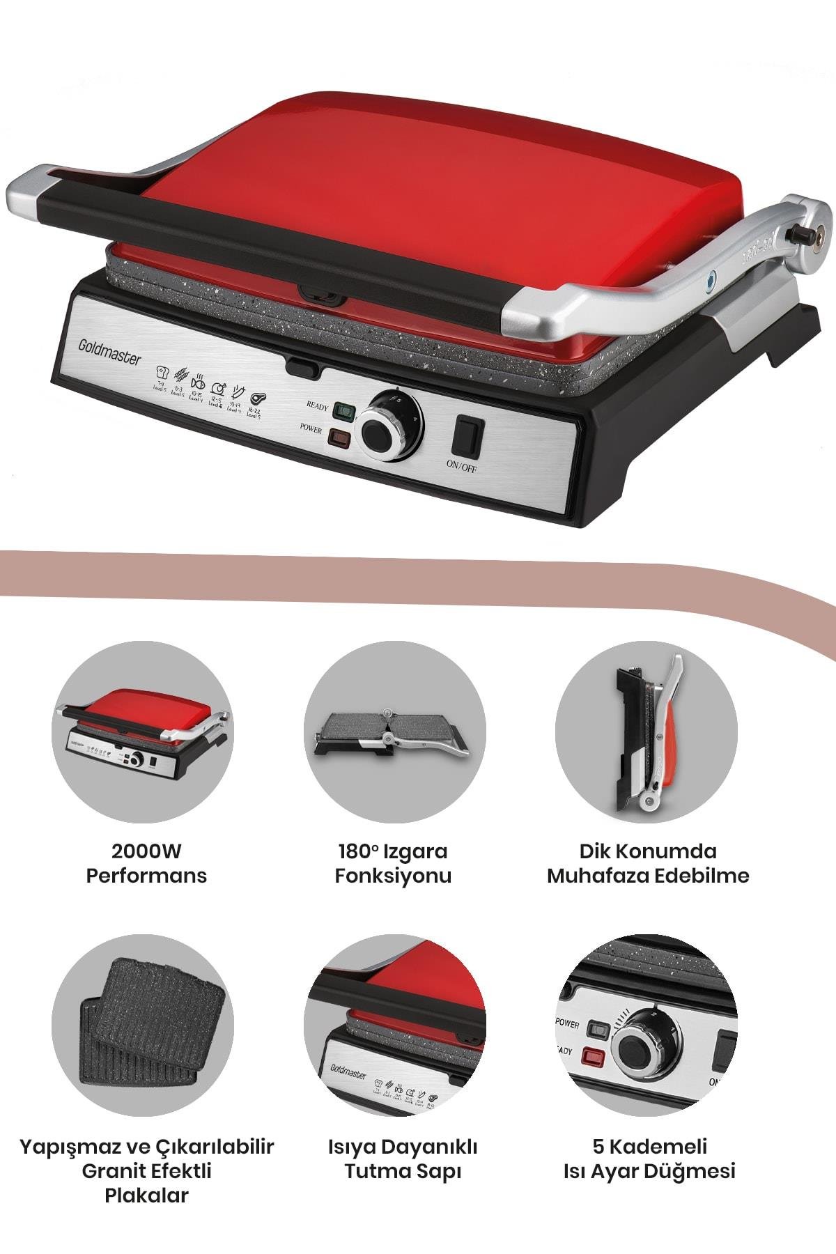 Gralux Kırmızı Paslanmaz Çelik 2000 Watt Granit Çıkarılabilir Plakalı Tost Ve Izgara Makinesi
