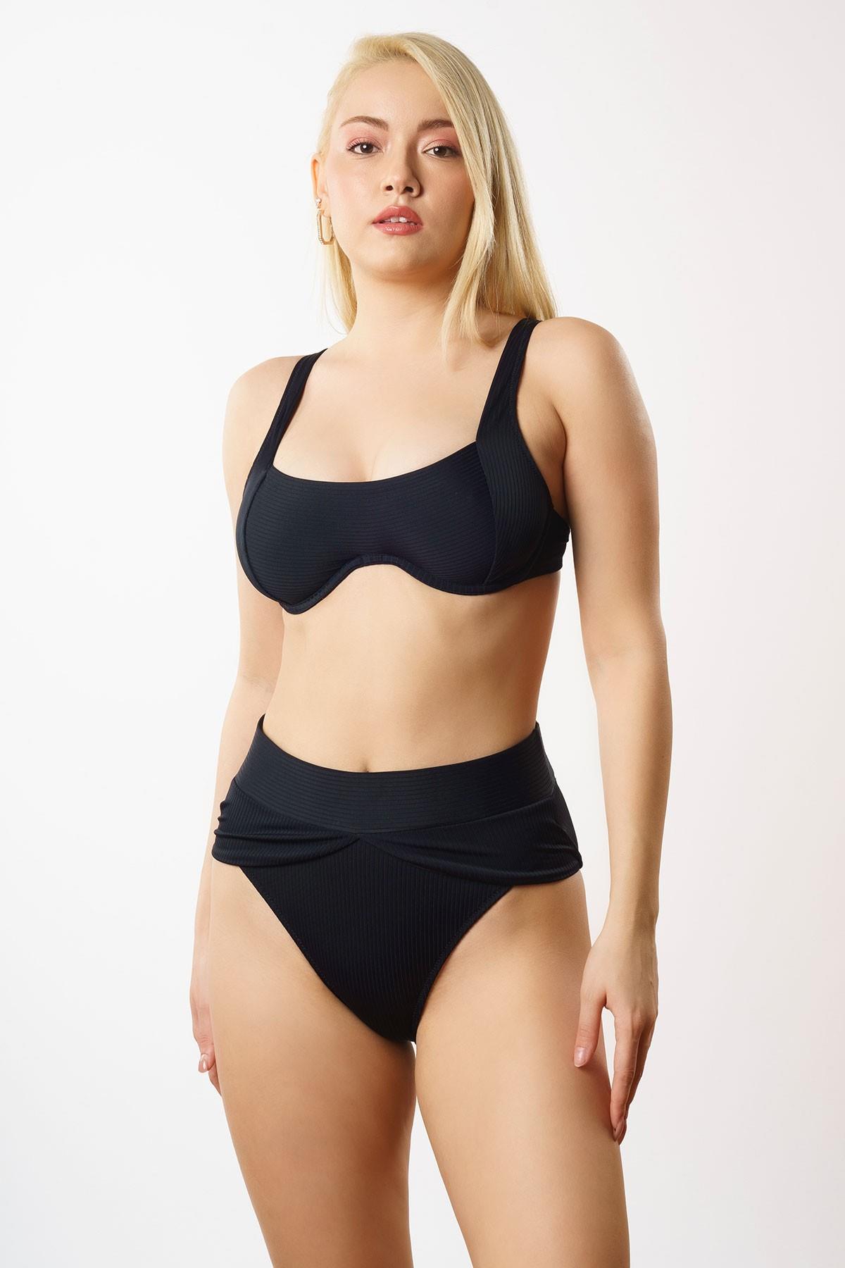 Mısırlı Balenli Yüksek Bel Toparlayıcı Siyah Bikini Takımı