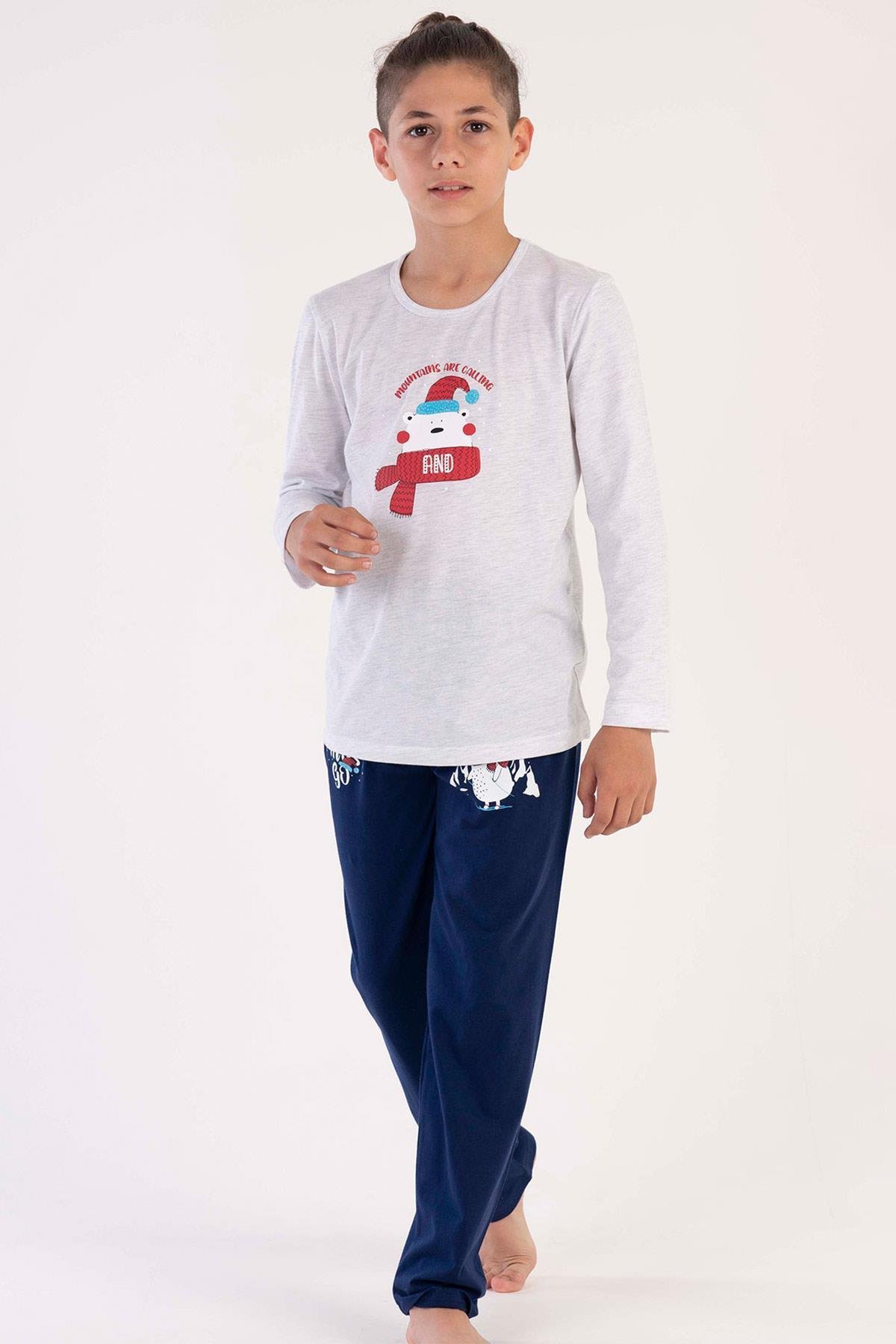 Mısırlı Erkek Çocuk Pamuklu Uzun Kollu Gri Melanj Pijama Takımı