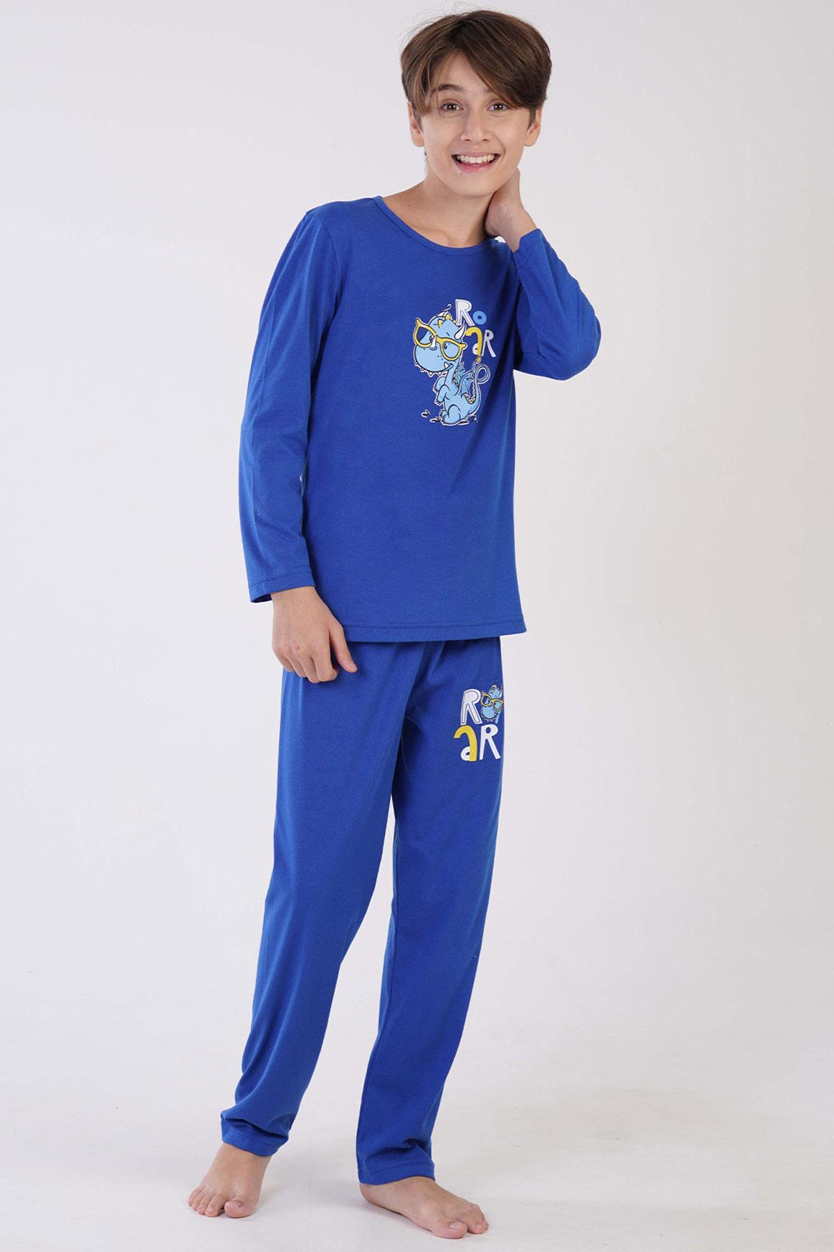 Mısırlı Erkek Çocuk Pamuklu Uzun Kollu Saks Pijama Takımı