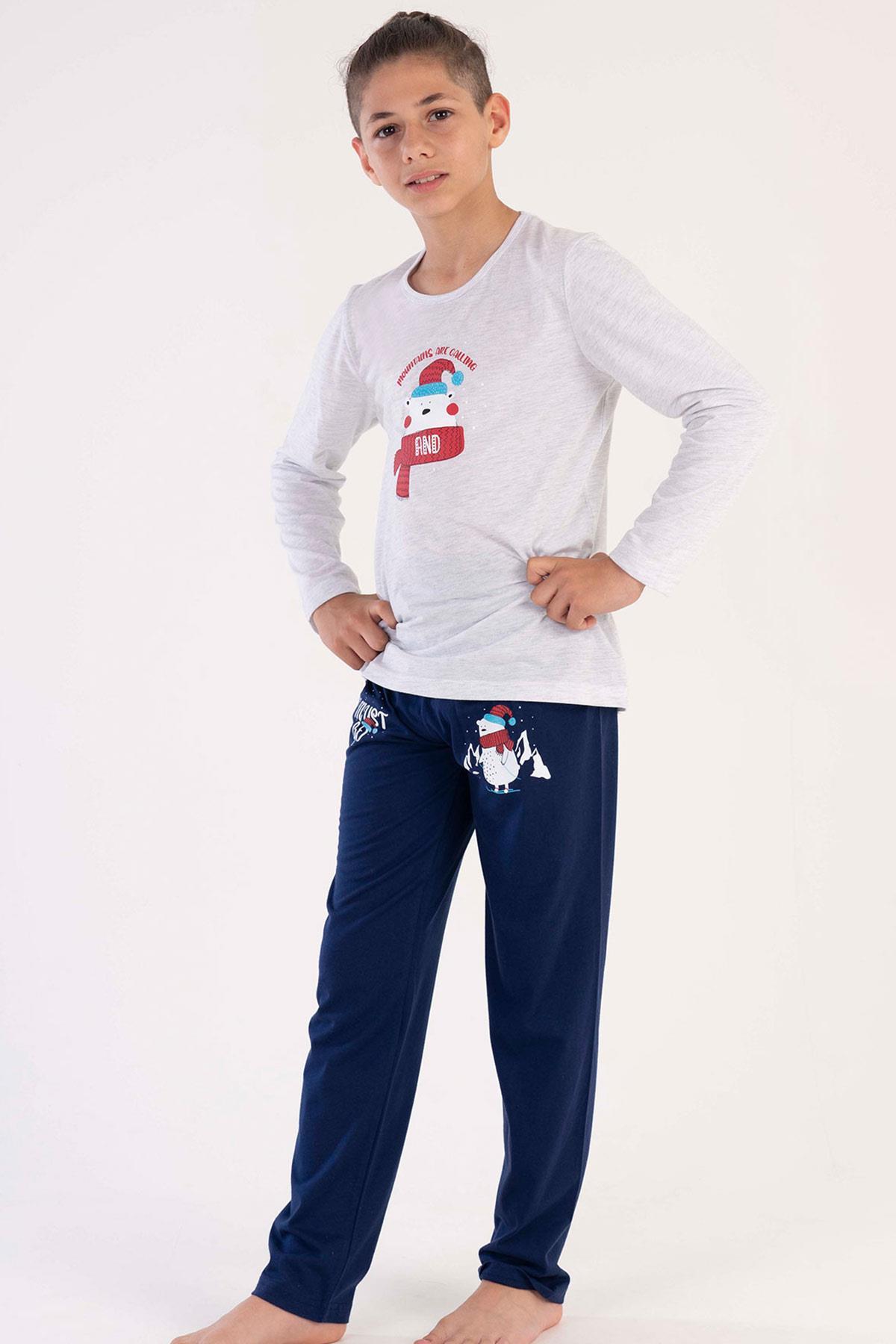 Mısırlı Erkek Çocuk Pamuklu Uzun Kollu Gri Melanj Pijama Takımı