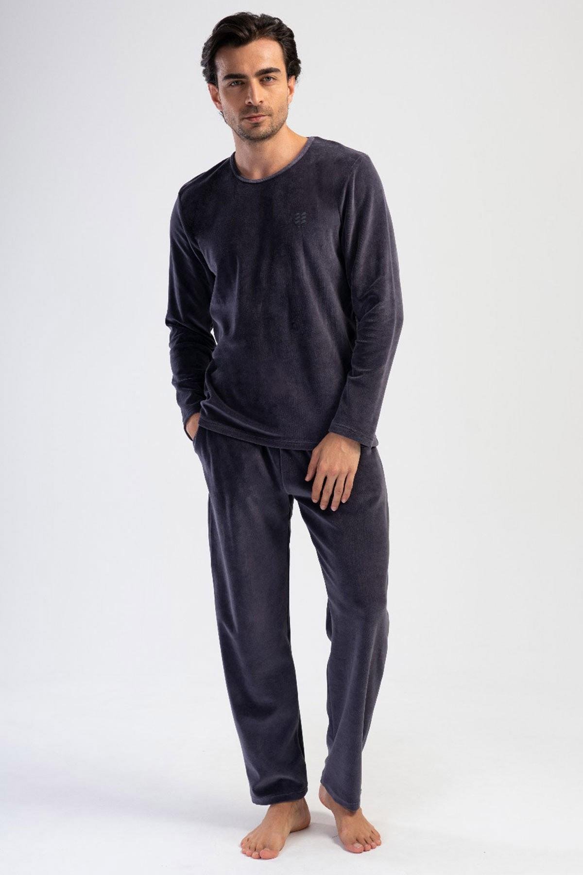 Mısırlı Erkek Kadife Uzun Kollu Füme Pijama Takımı
