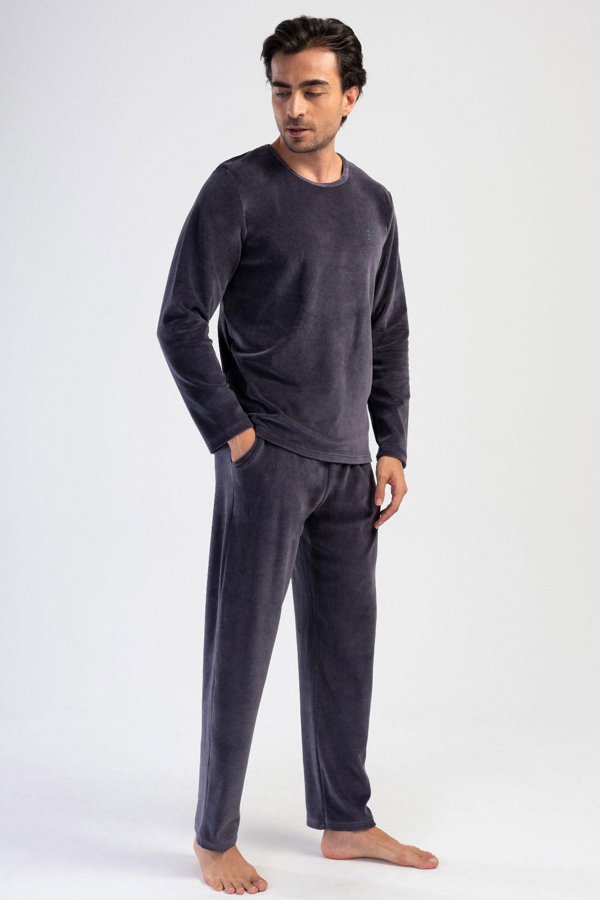 Mısırlı Erkek Kadife Uzun Kollu Füme Pijama Takımı