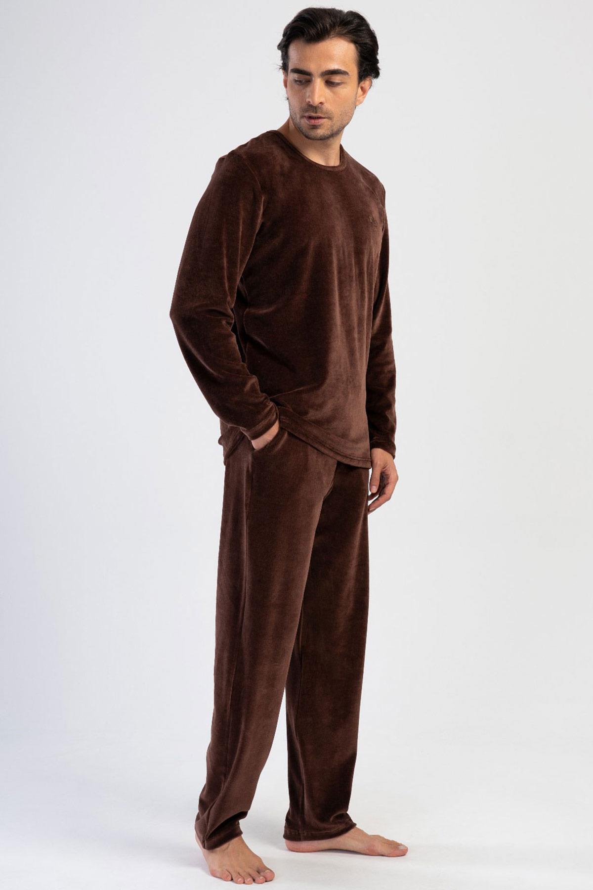 Mısırlı Erkek Kadife Uzun Kollu Kahverengi Pijama Takımı