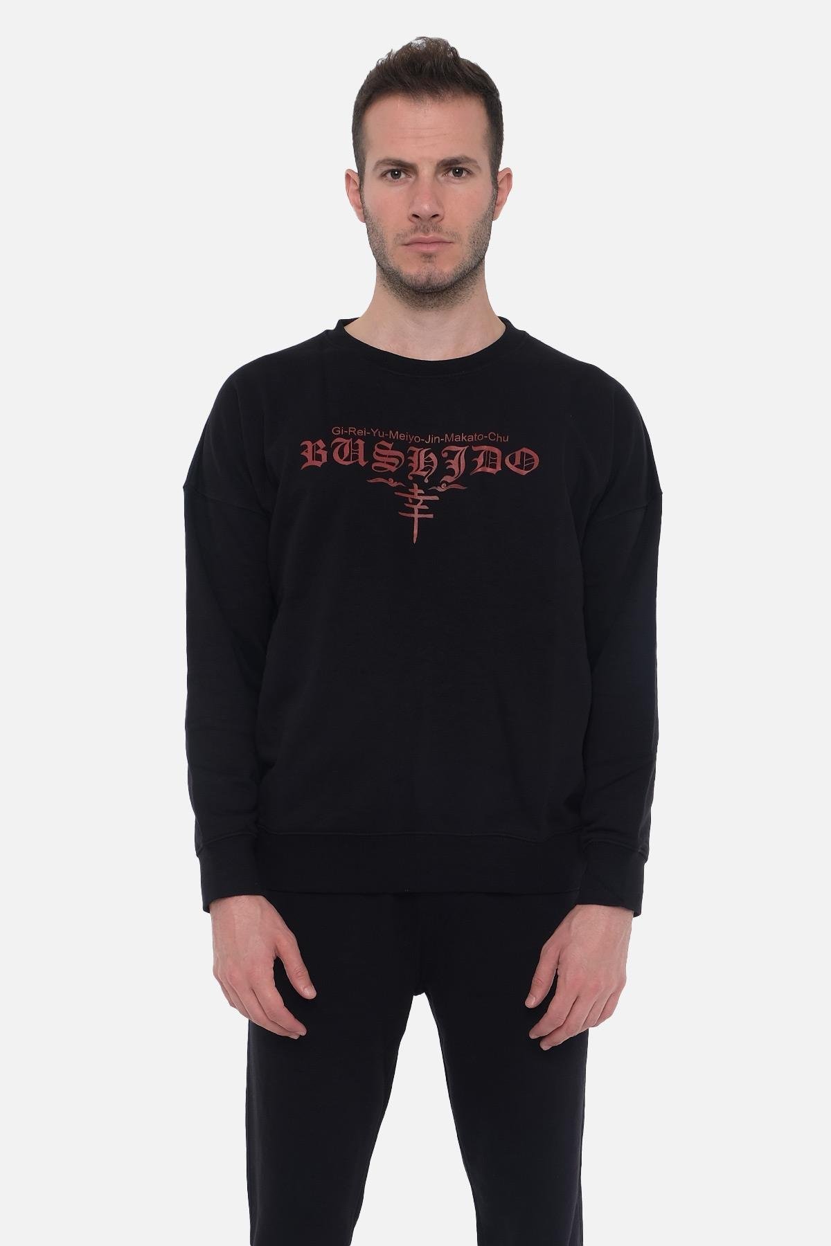 Mısırlı Erkek Oversize Bisiklet Yaka Bushido Baskılı Siyah Sweatshirt