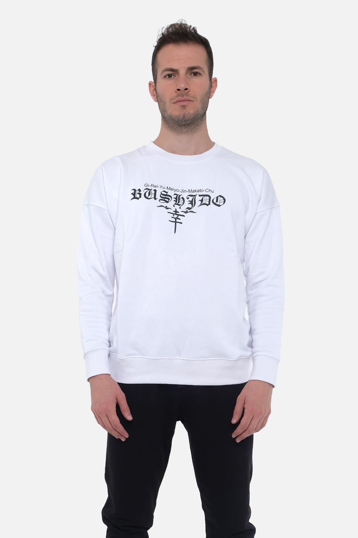 Mısırlı Erkek Oversize Bisiklet Yaka Bushido Baskılı Beyaz Sweatshirt