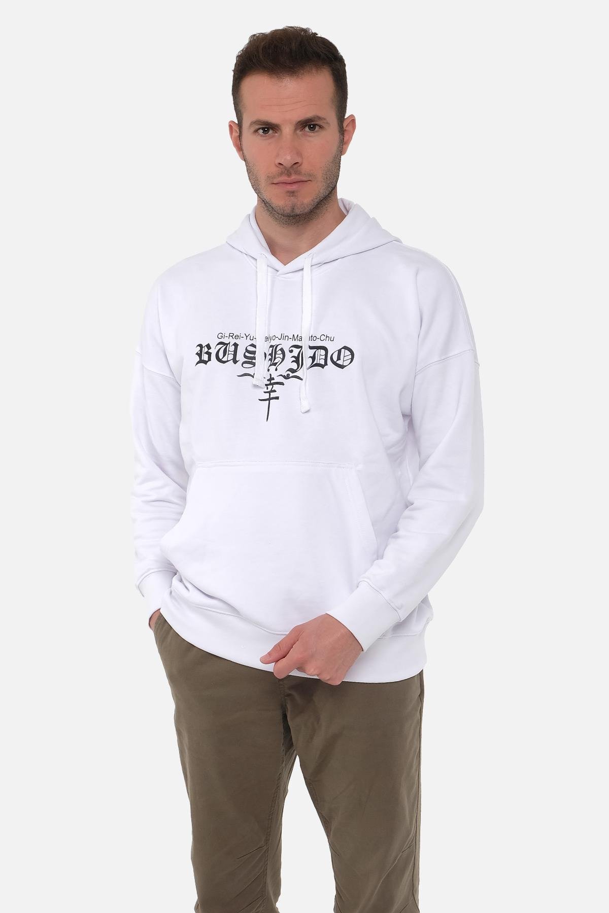 Mısırlı Erkek Oversize Kapüşonlu Bushido Baskılı Beyaz Sweatshirt