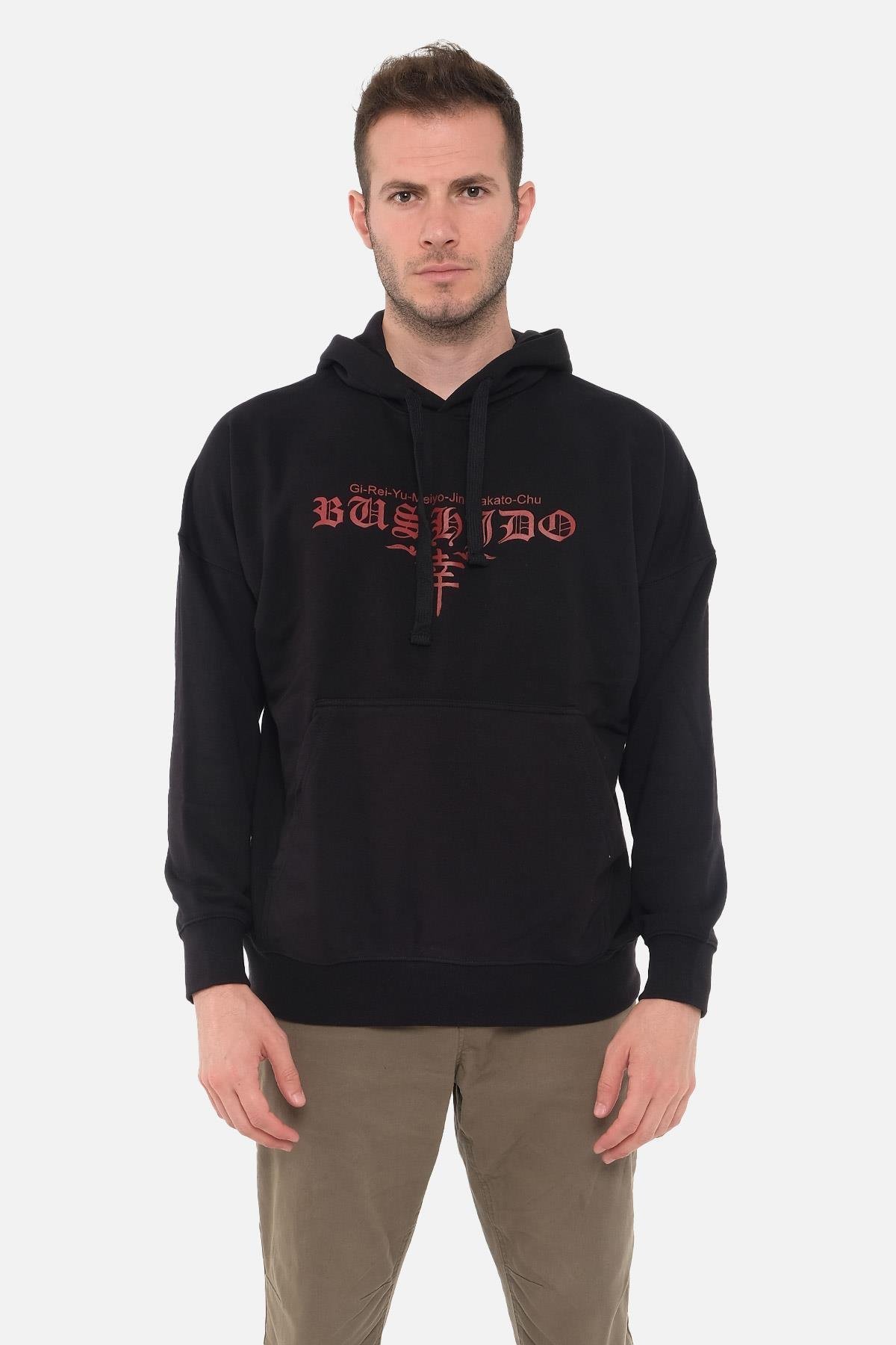 Mısırlı Erkek Oversize Kapüşonlu Bushido Baskılı Siyah Sweatshirt