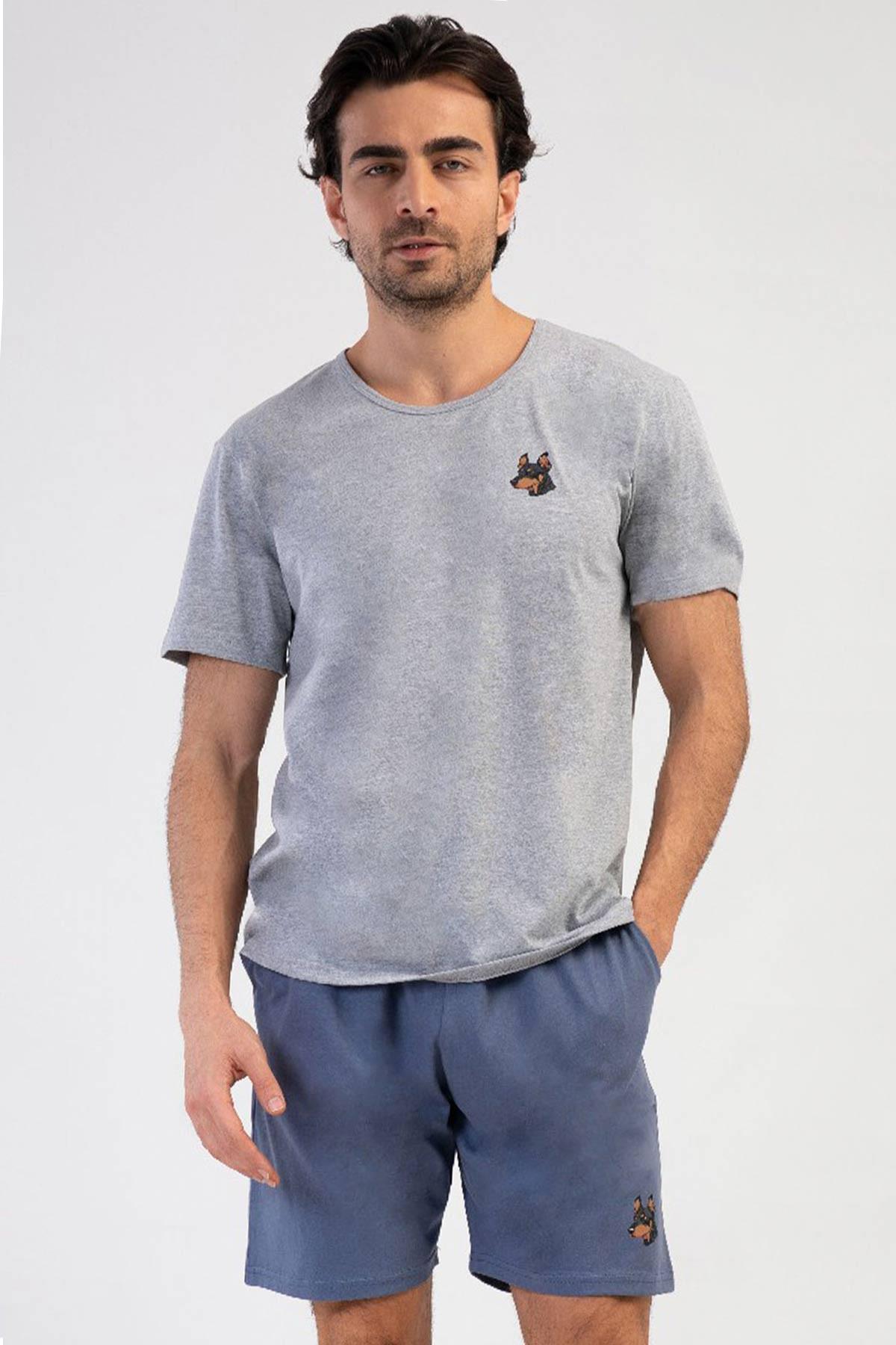 Mısırlı Erkek Pamuklu Gri Melanj Kısa Kollu Şort Pijama Takımı