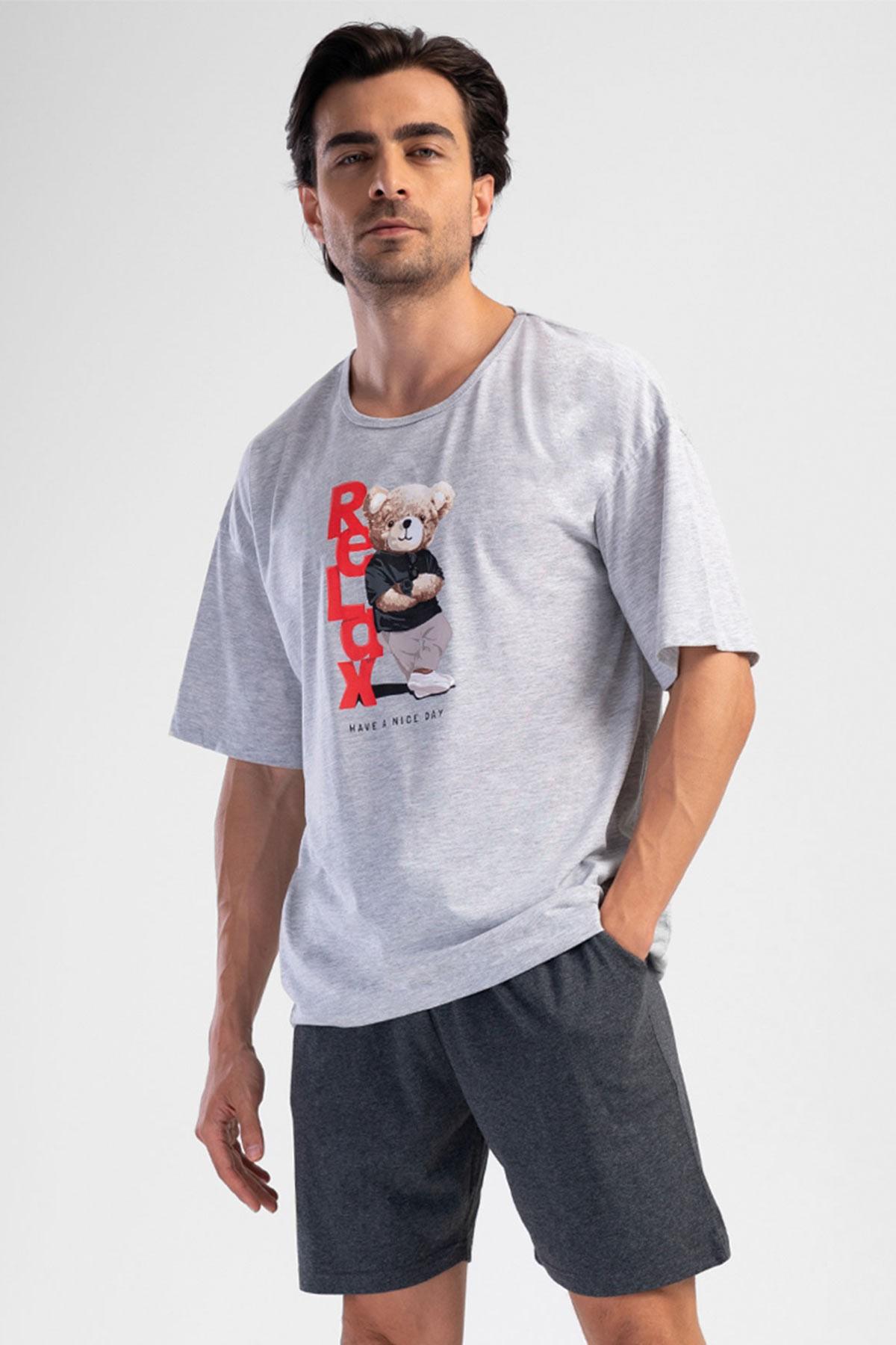 Mısırlı Erkek Pamuklu Gri Melanj Kısa Kol Şort Pijama Takımı