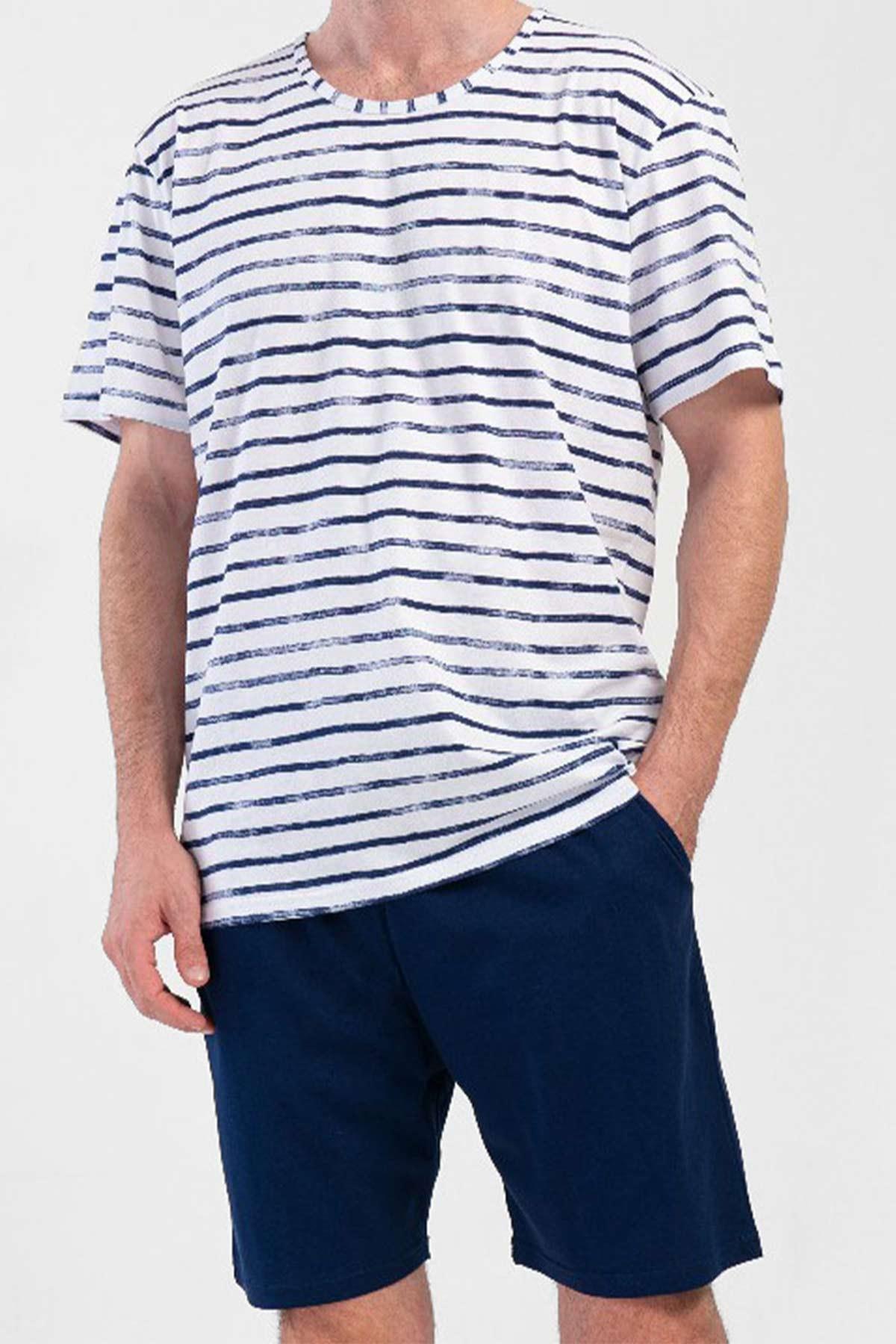 Mısırlı Erkek Pamuklu İndigo Kısa Kol Şort Pijama Takımı