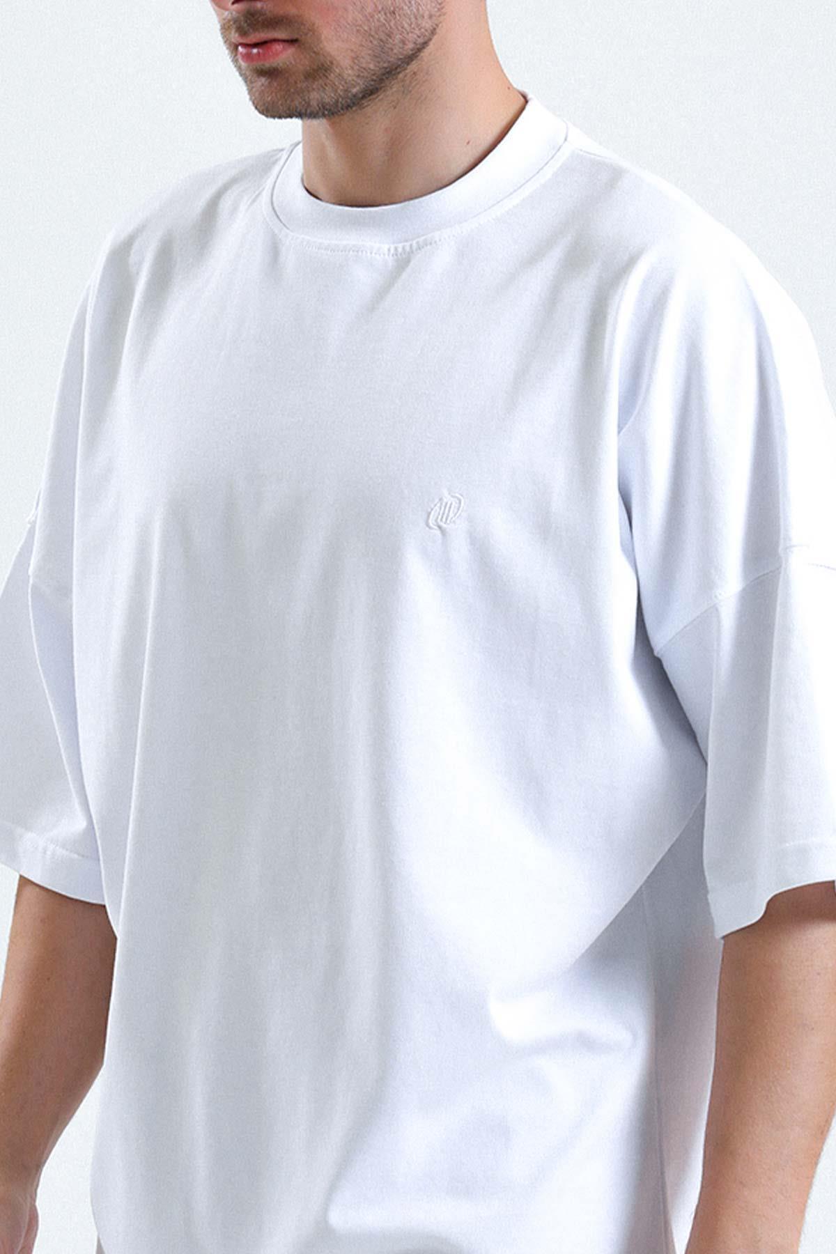 Mısırlı Erkek Pamuklu Oval Kesim Oversize Beyaz T-Shirt - M-OVRT-B