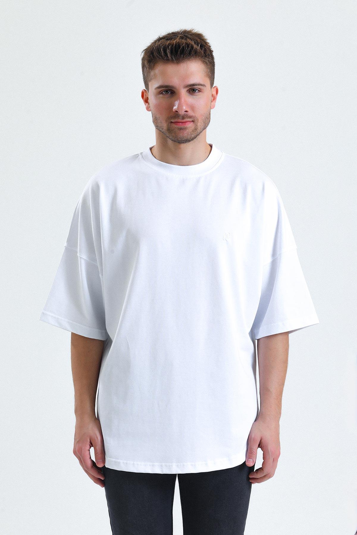 Mısırlı Erkek Pamuklu Oval Kesim Oversize Beyaz T-Shirt - M-OVRT-B