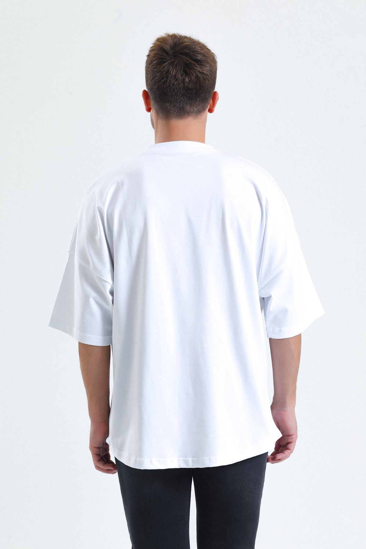 Mısırlı Erkek Pamuklu Oval Kesim Oversize Beyaz T-Shirt - M-OVRT-B