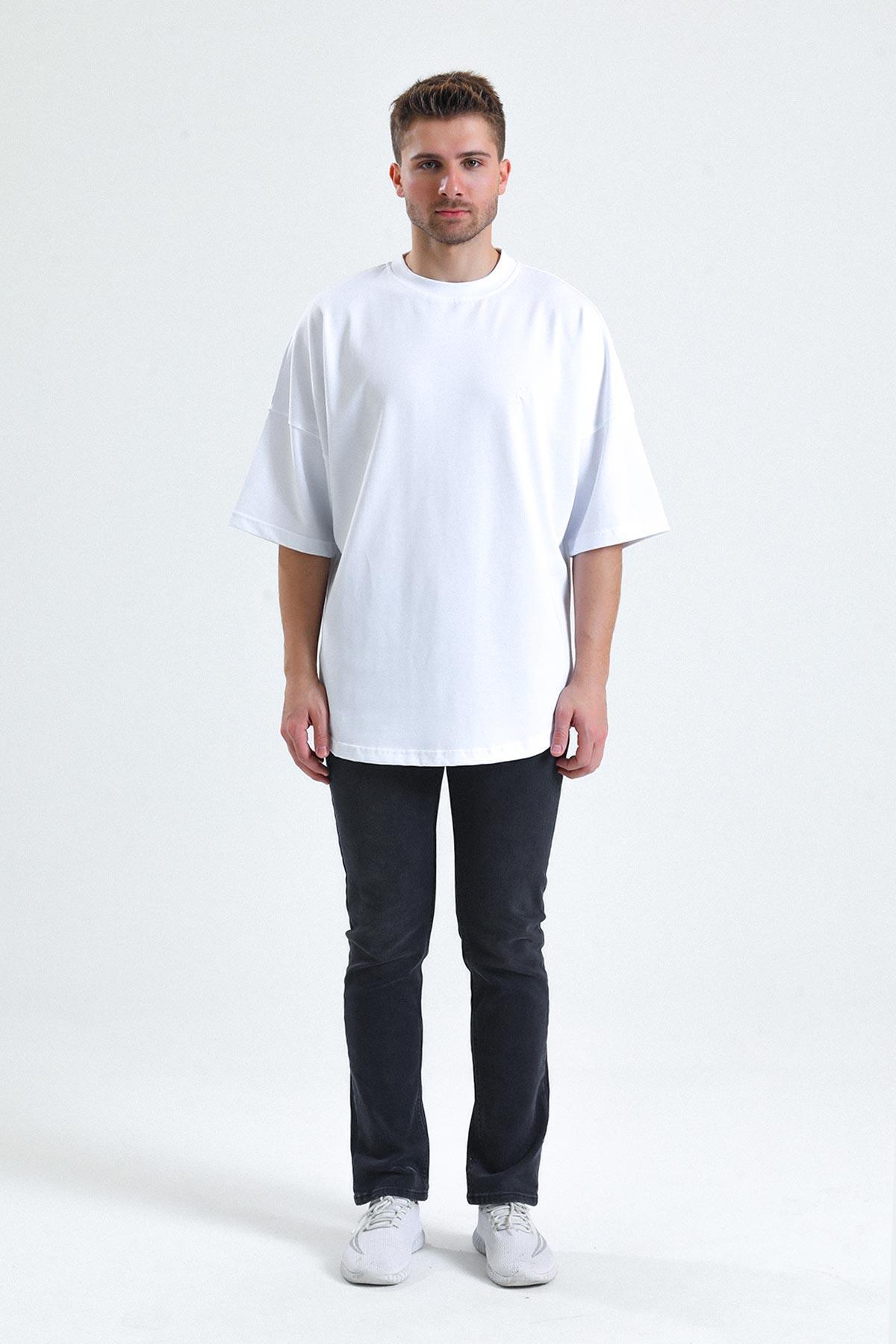 Mısırlı Erkek Pamuklu Oval Kesim Oversize Beyaz T-Shirt - M-OVRT-B