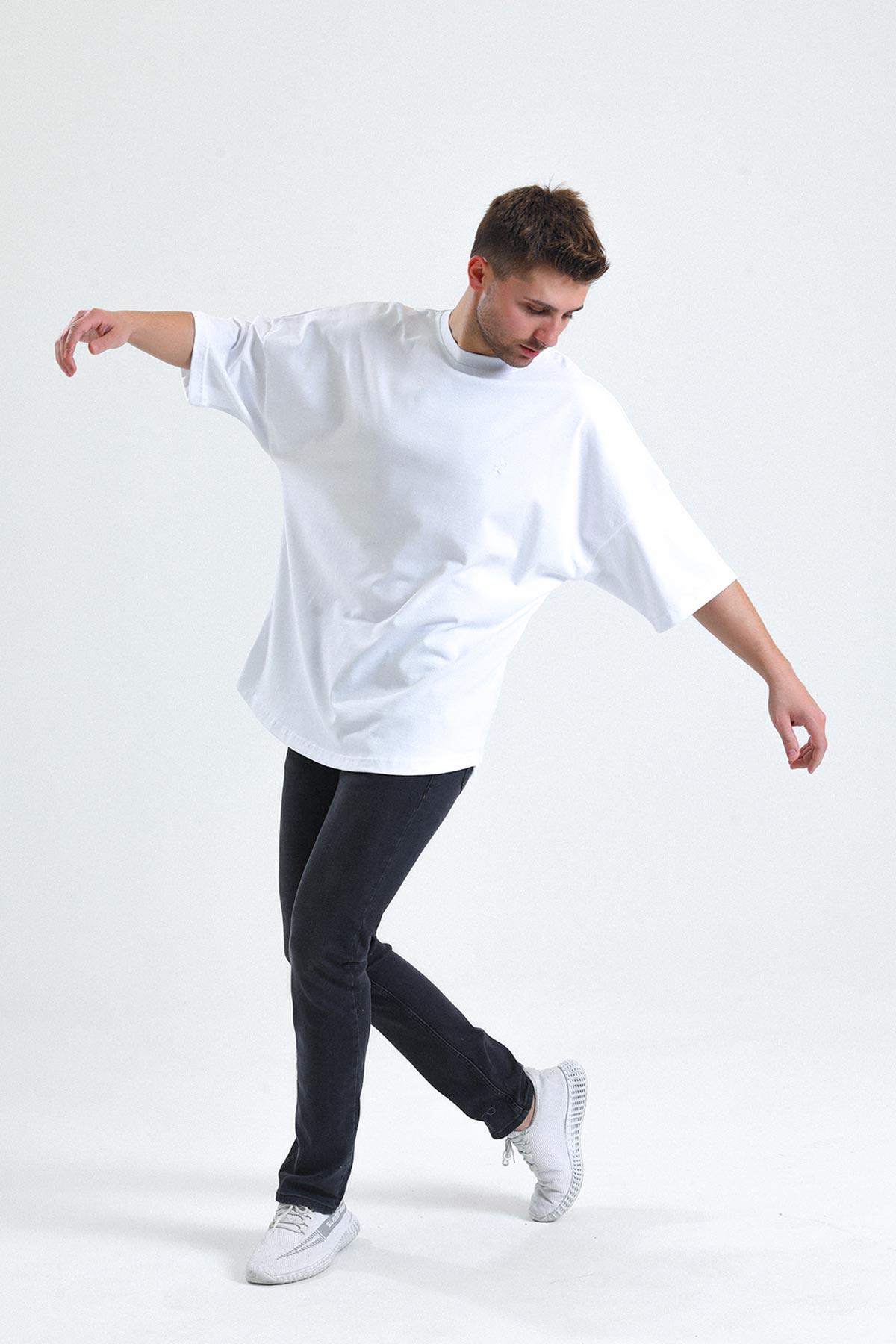 Mısırlı Erkek Pamuklu Oval Kesim Oversize Beyaz T-Shirt - M-OVRT-B