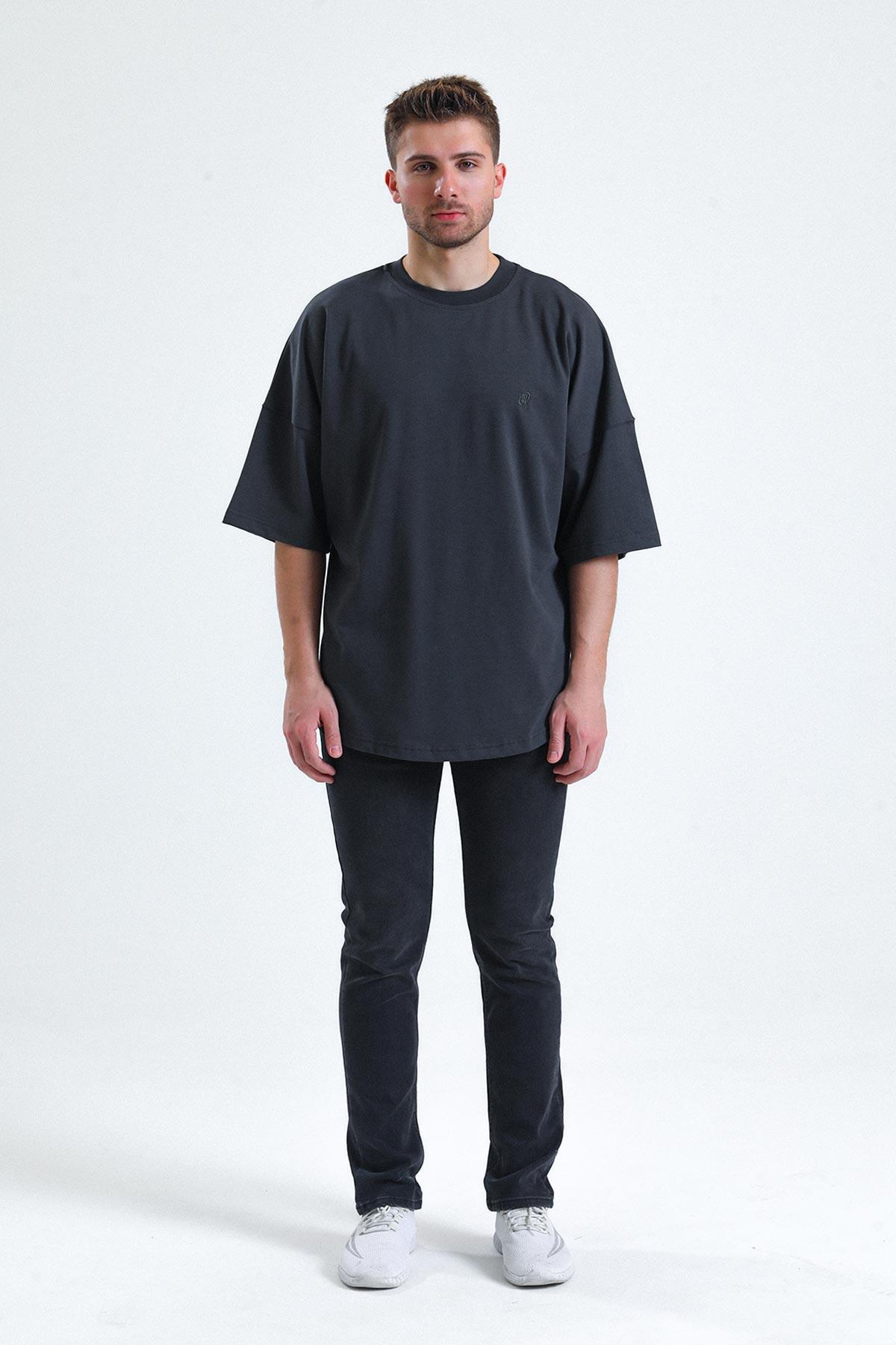 Mısırlı Erkek Pamuklu Oval Kesim Oversize Antrasit T-Shirt - M-OVRT-A
