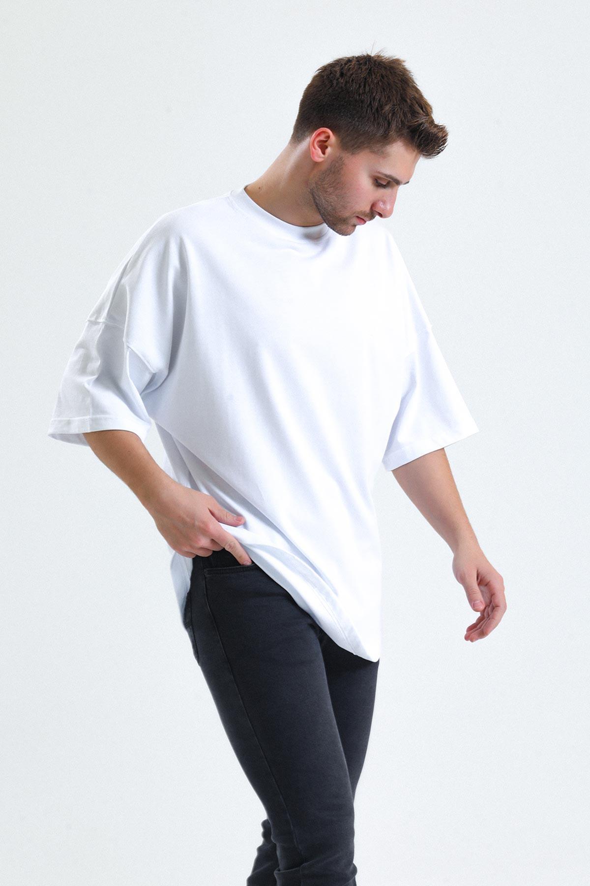 Mısırlı Erkek Pamuklu Oval Kesim Oversize Beyaz T-Shirt - M-OVRT-B