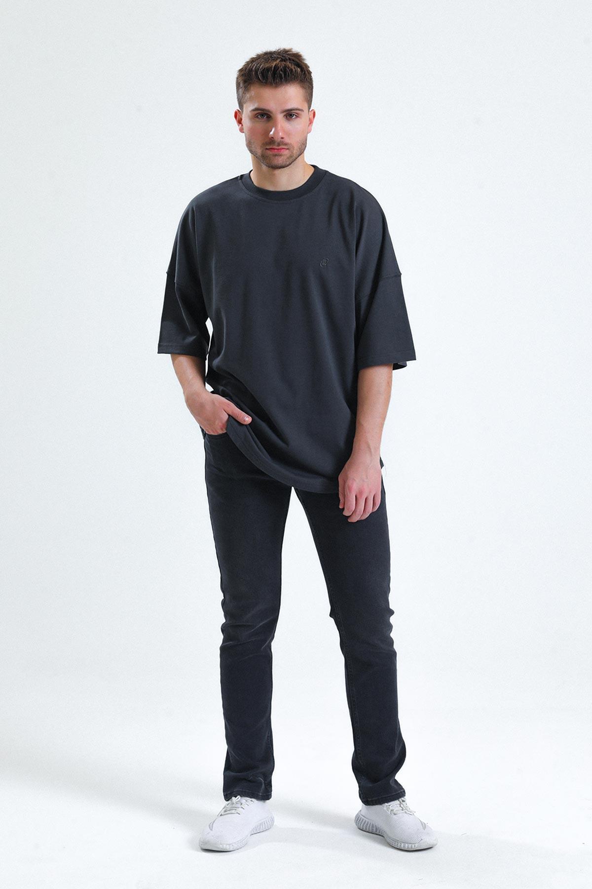 Mısırlı Erkek Pamuklu Oval Kesim Oversize Antrasit T-Shirt - M-OVRT-A