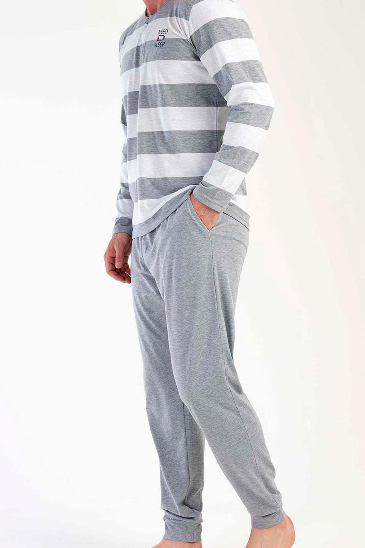 Mısırlı Erkek Pamuklu Uzun Kollu Gri Pijama Takımı