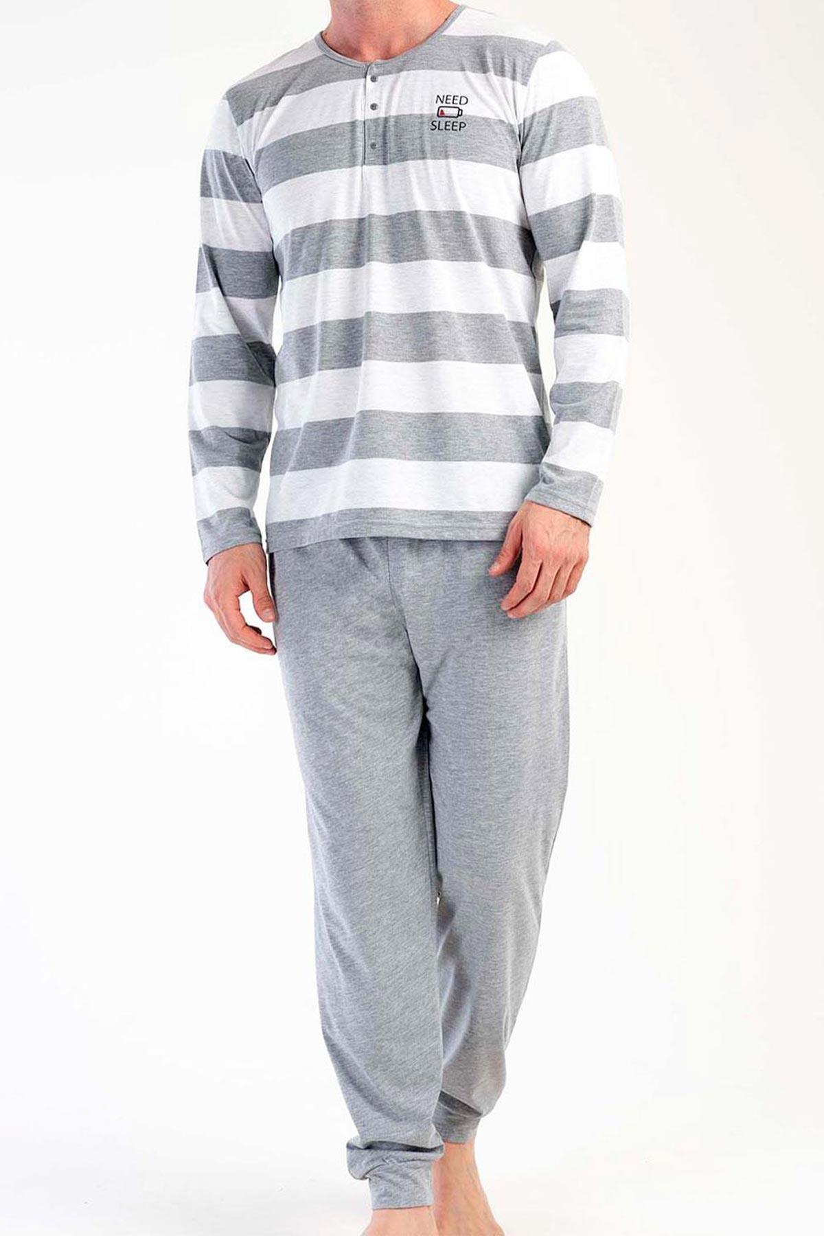 Mısırlı Erkek Pamuklu Uzun Kollu Gri Pijama Takımı