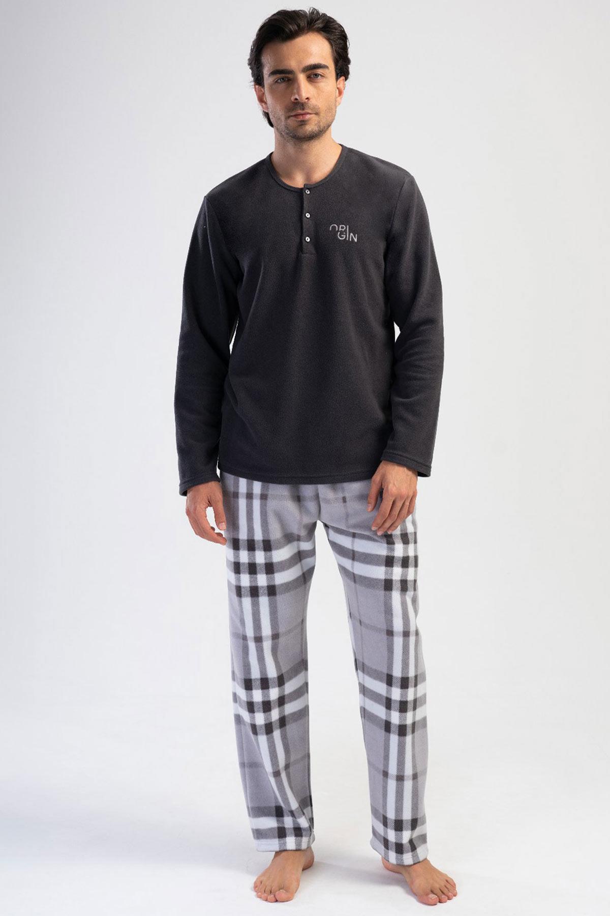Mısırlı Erkek Polar Uzun Kollu Füme Pijama Takımı
