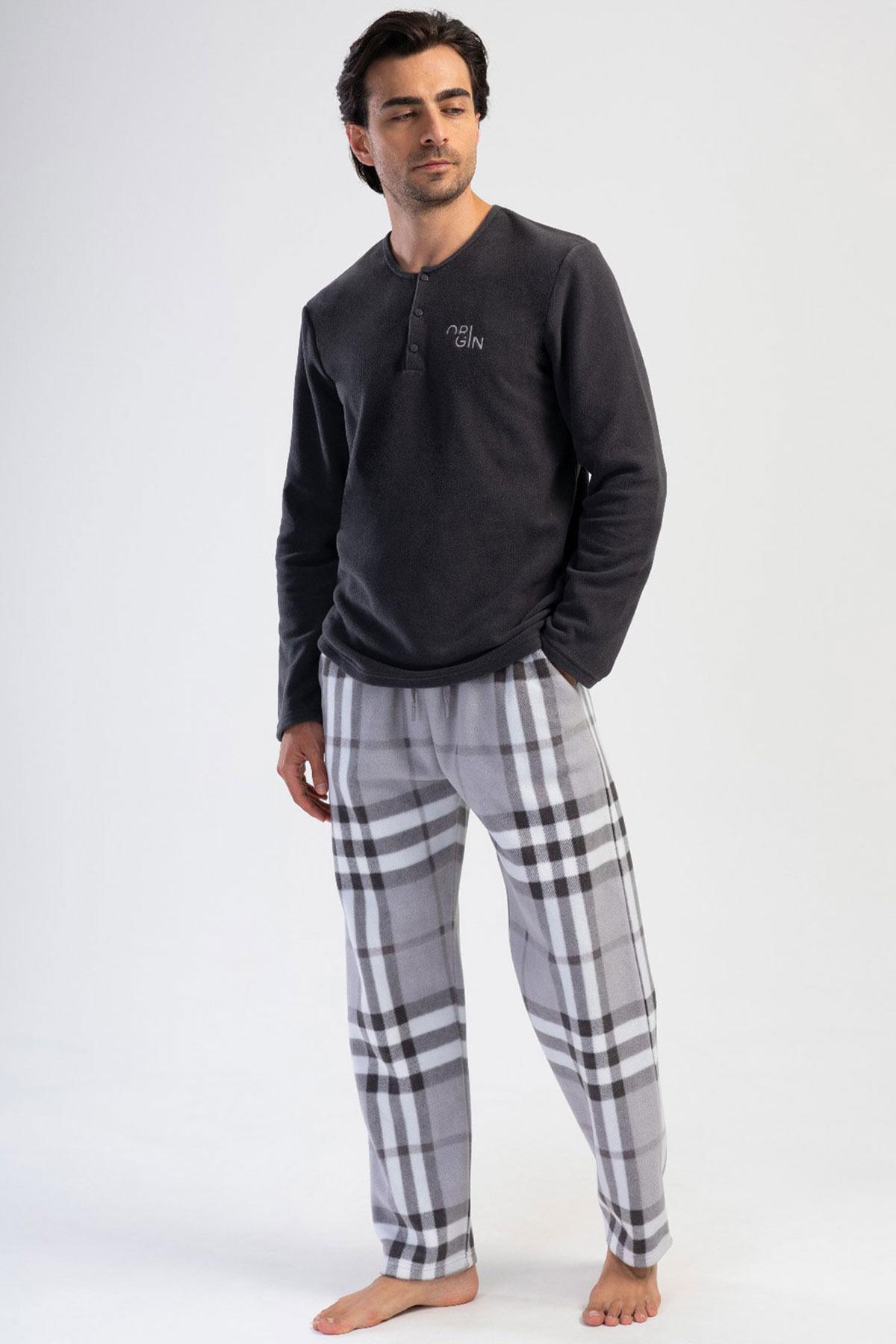 Mısırlı Erkek Polar Uzun Kollu Füme Pijama Takımı