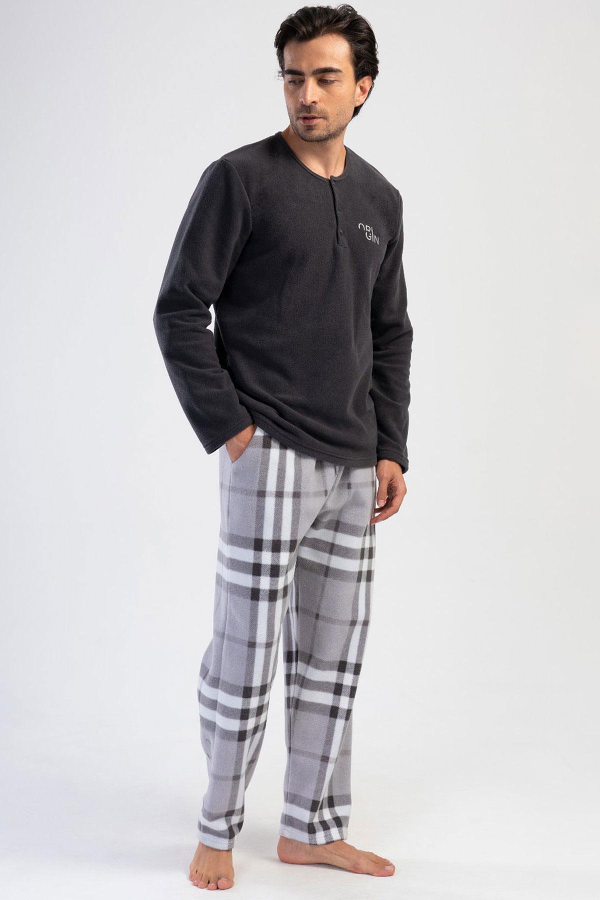 Mısırlı Erkek Polar Uzun Kollu Füme Pijama Takımı