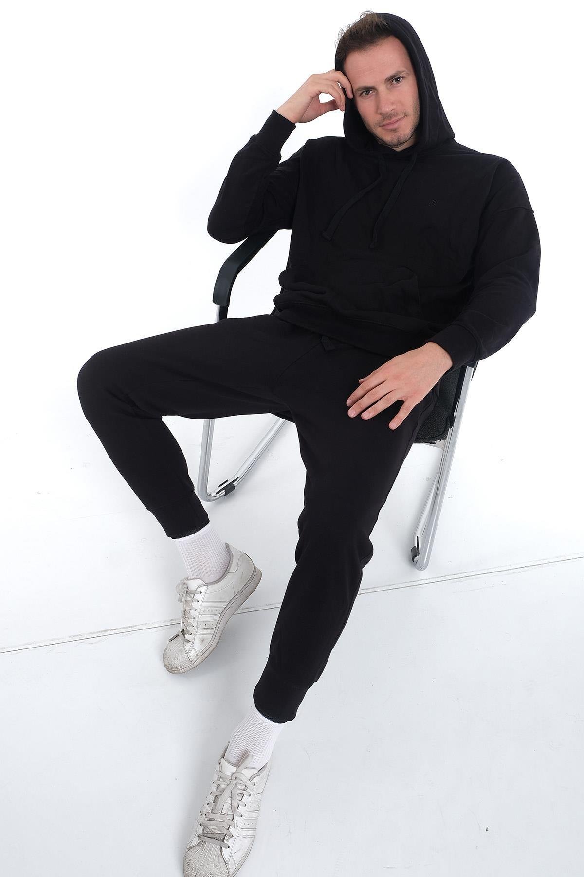 Mısırlı Erkek Üç İplik Oversize Kapüşonlu Siyah Sweatshirt   M OVR 2S