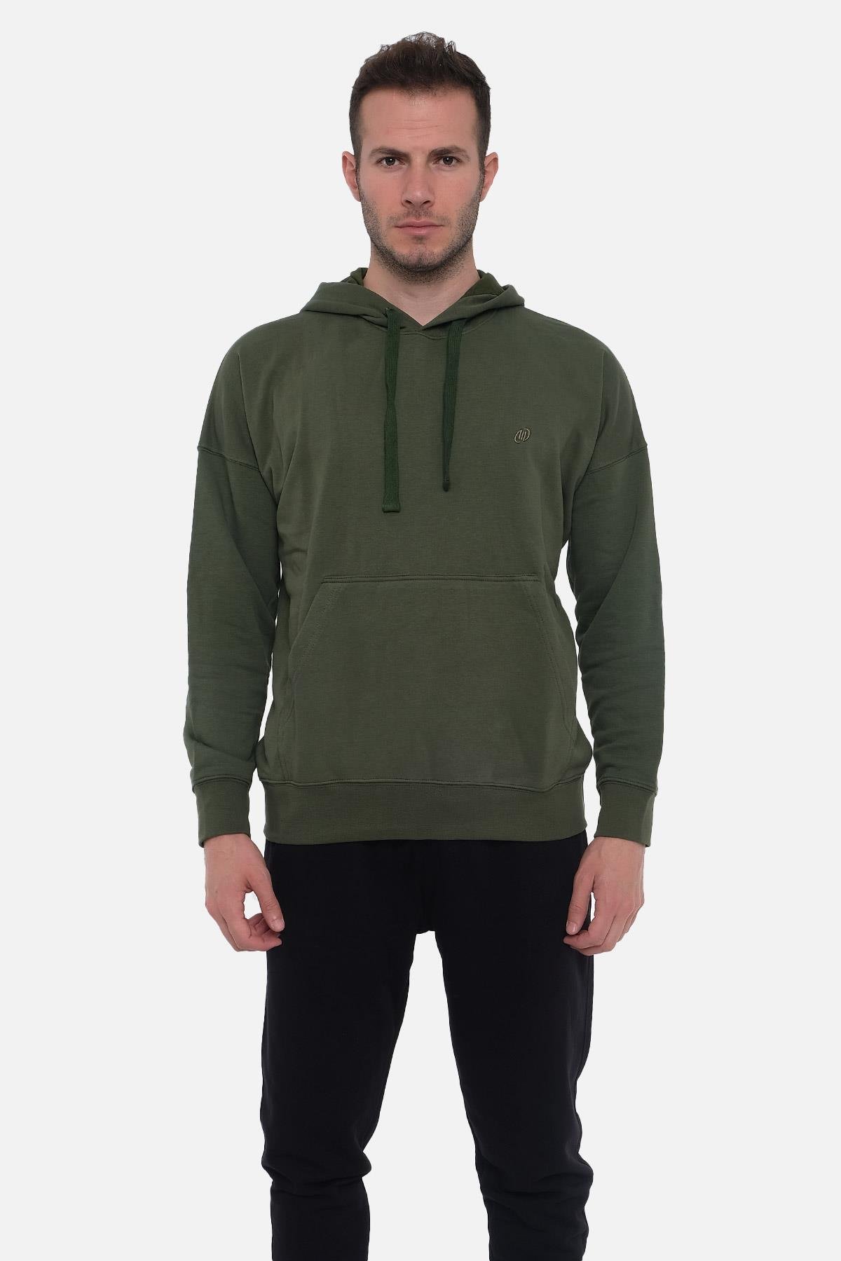 Mısırlı Erkek Üç İplik Oversize Kapüşonlu Haki Sweatshirt