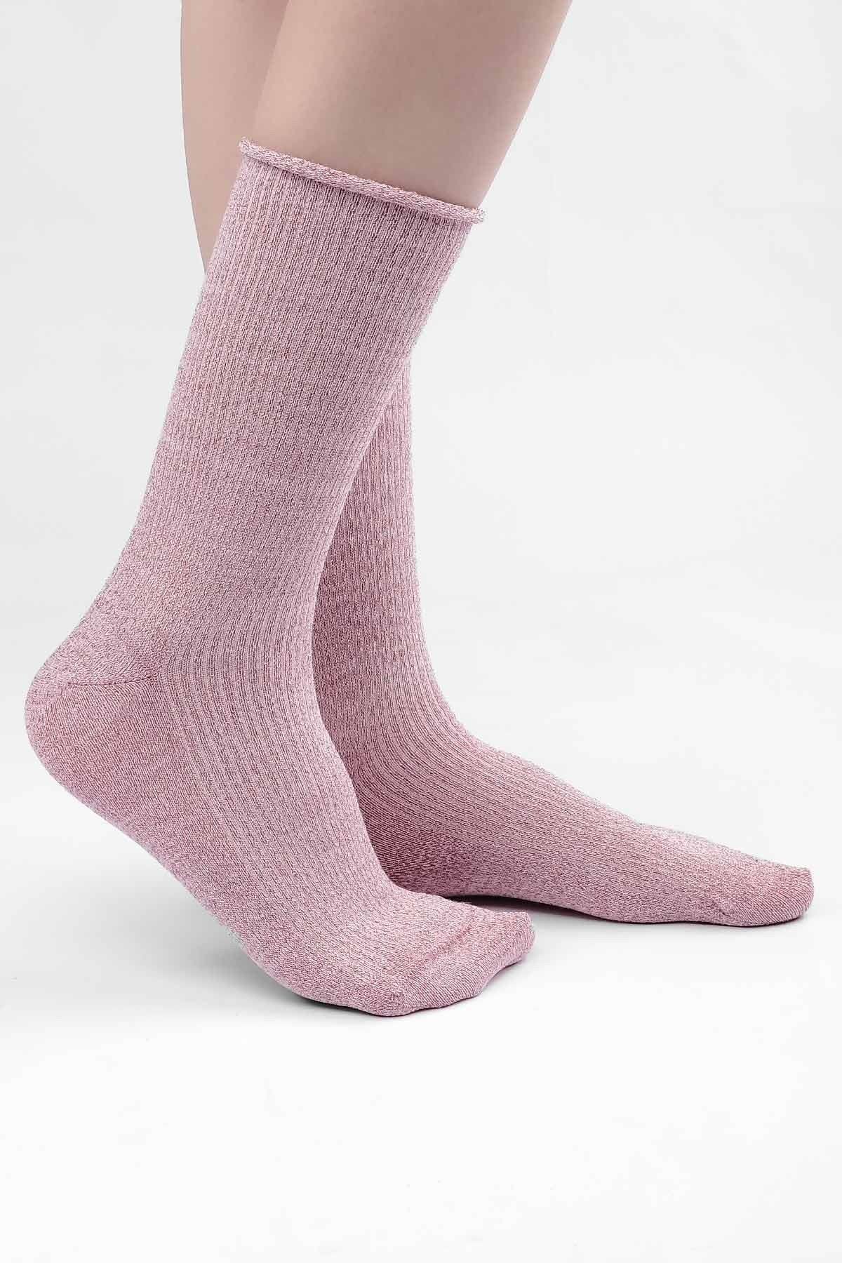 Mısırlı Kadın Bambu Simli Açık Pembe Soket Çorap M SEVO AP