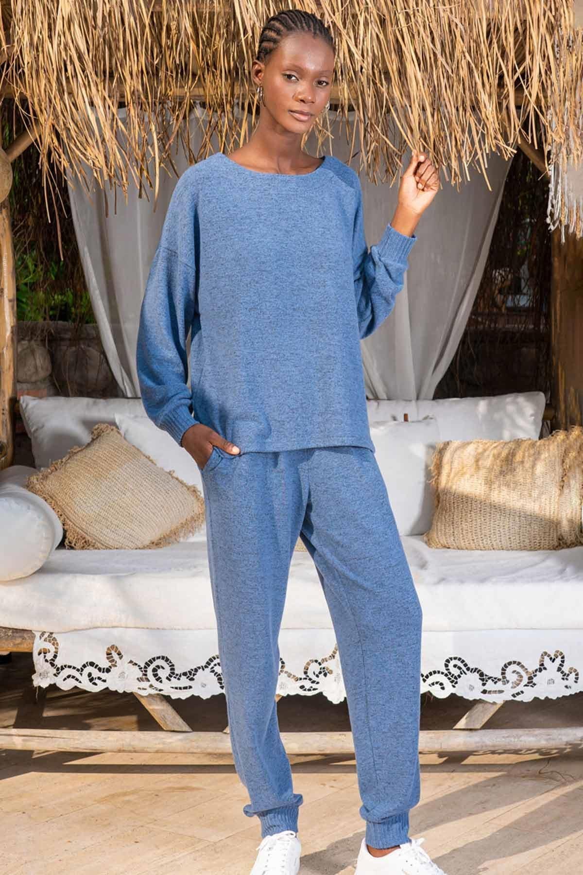 Mısırlı Kadın Bambu Uzun Kollu İndigo Pijama Takımı
