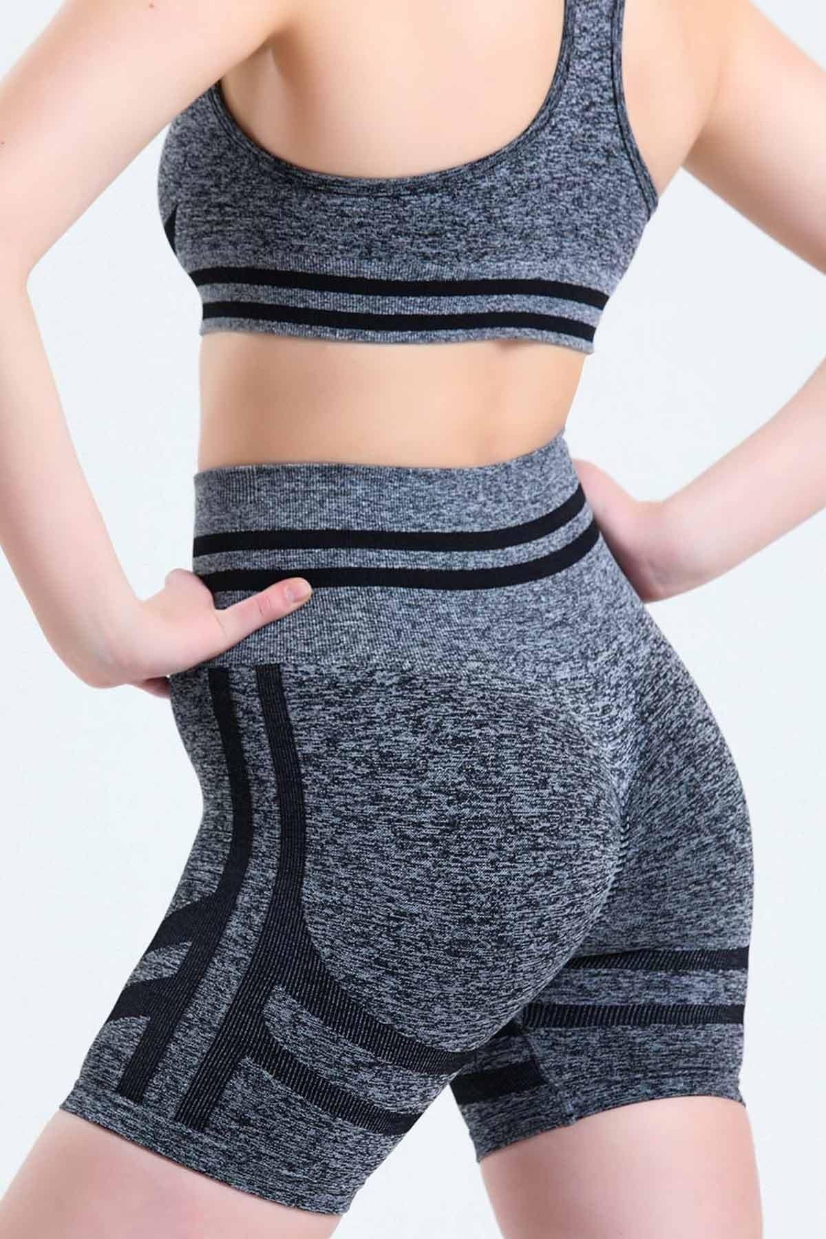 Mısırlı Kadın Kalça Toparlayıcı Çemberli Gri Bralet-Şort Tayt Takımı