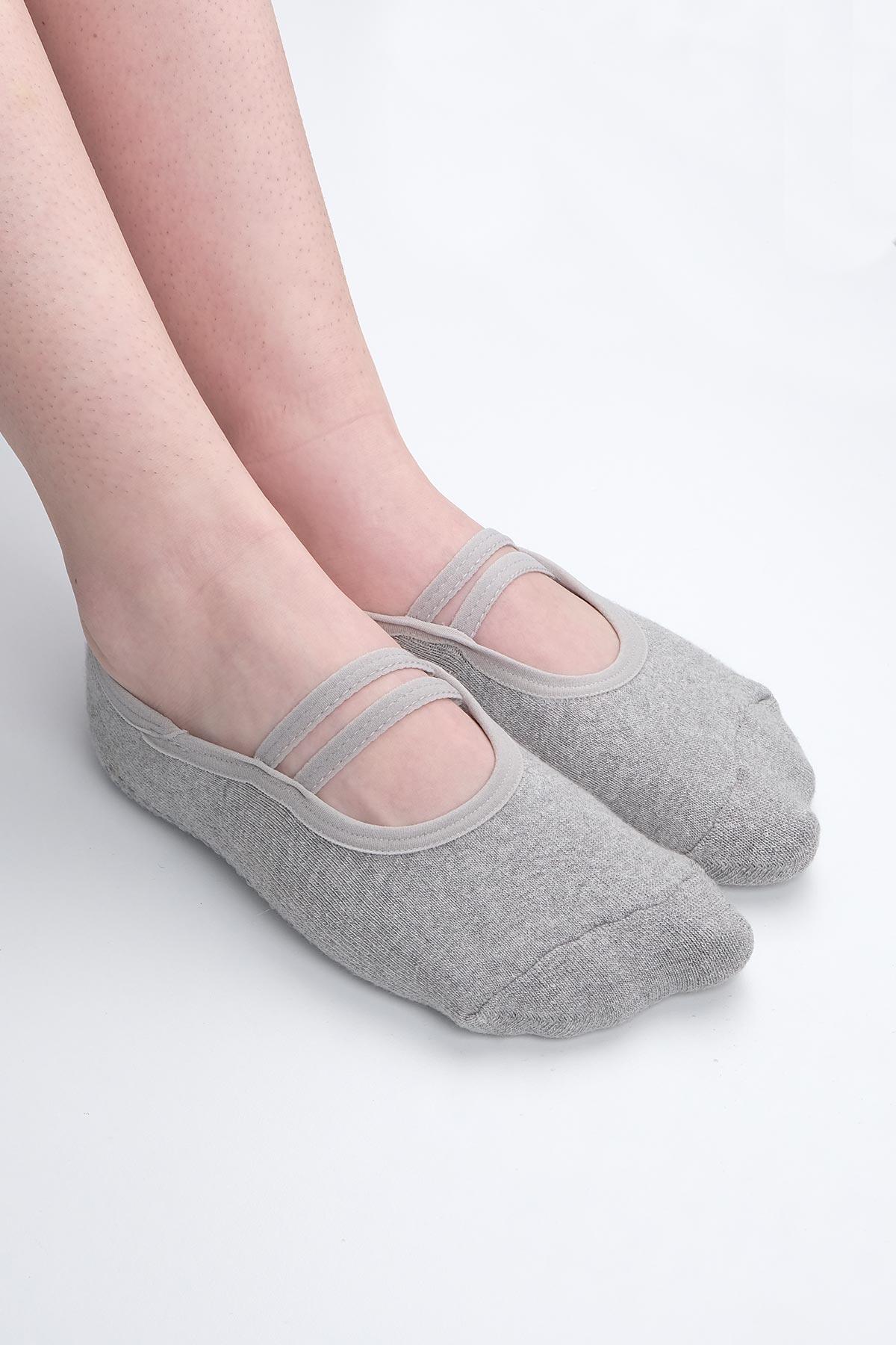 Mısırlı Kadın Kaydırmaz 2 Çift Gri Üstü Lastikli Pilates ve Yoga Çorabı - M-2210-G