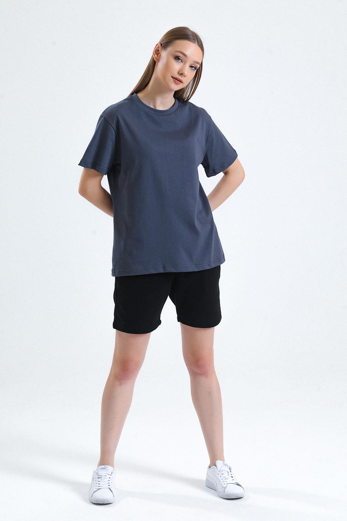 Mısırlı Kadın Pamuklu Bisiklet Yaka Füme Regular Fit Tişört M KTSHIRT RF F
