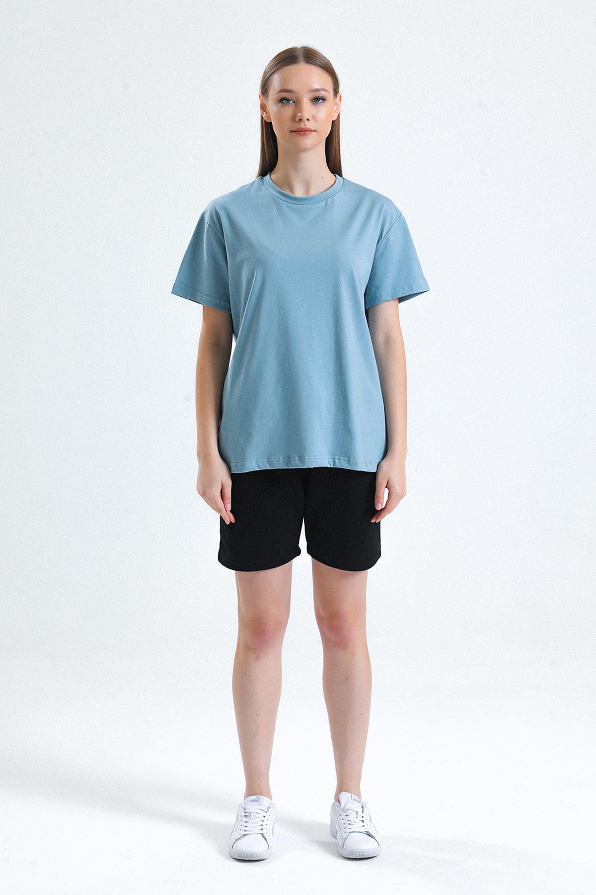 Mısırlı Kadın Pamuklu Bisiklet Yaka Pastel Mavi Regular Fit Tişört - M-KTSHIRT-RF-PM