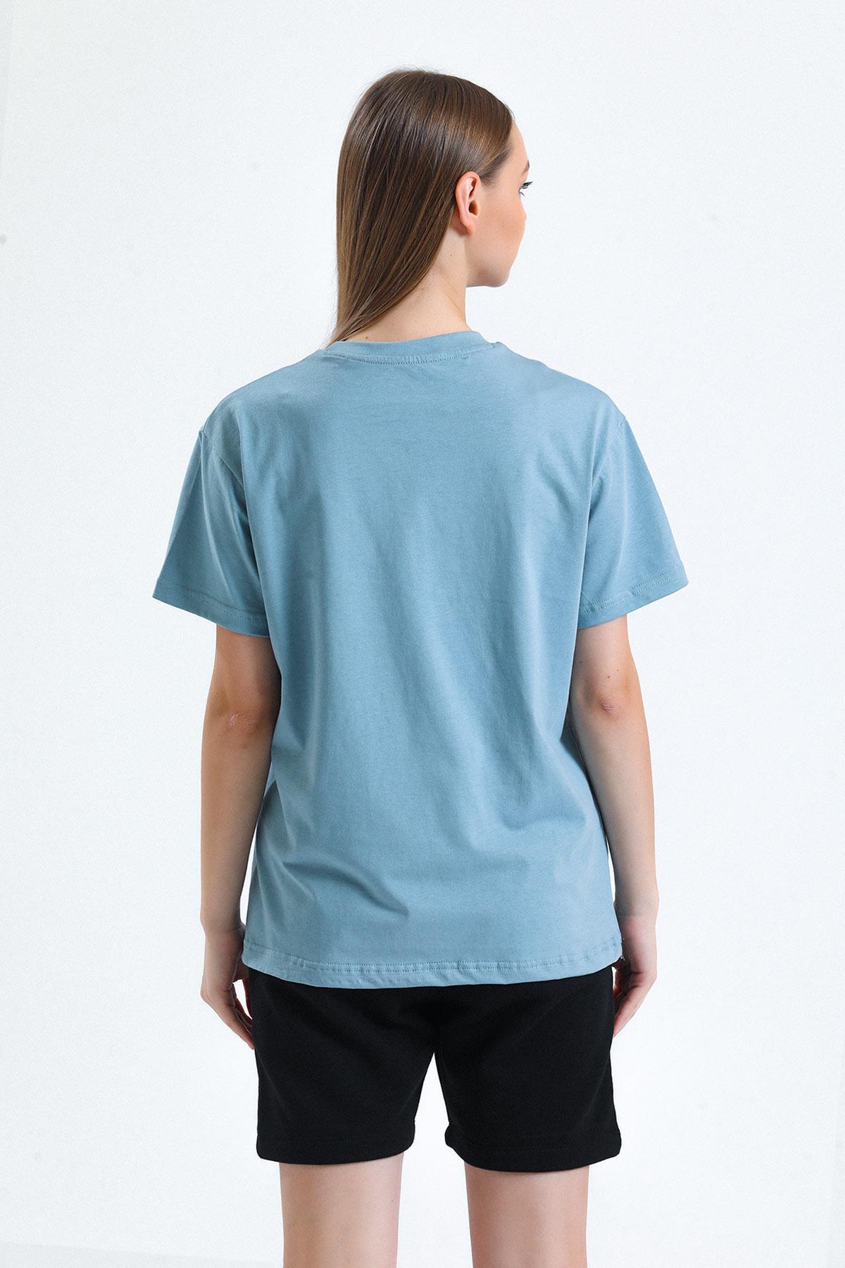 Mısırlı Kadın Pamuklu Bisiklet Yaka Pastel Mavi Regular Fit Tişört - M-KTSHIRT-RF-PM