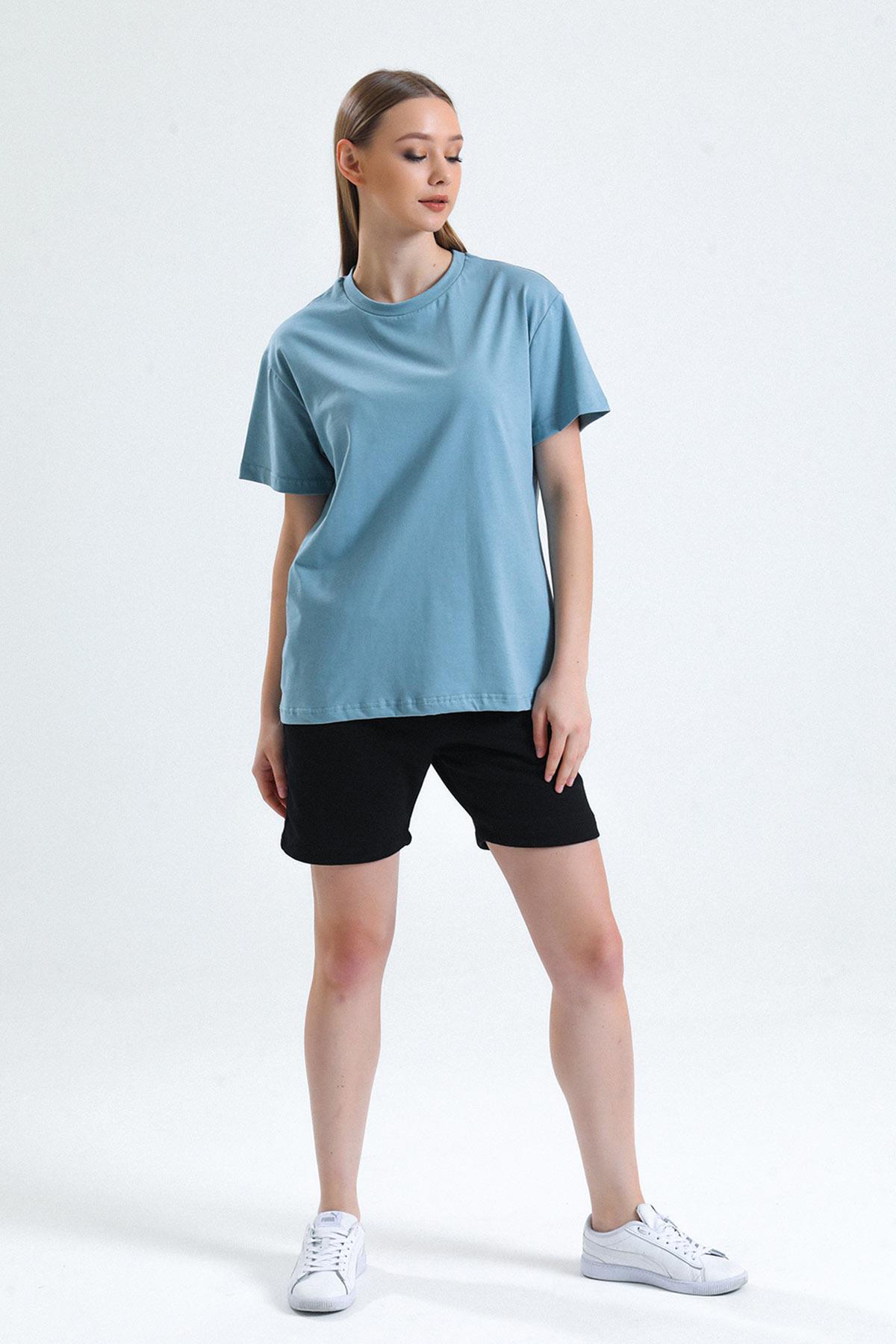 Mısırlı Kadın Pamuklu Bisiklet Yaka Pastel Mavi Regular Fit Tişört - M-KTSHIRT-RF-PM
