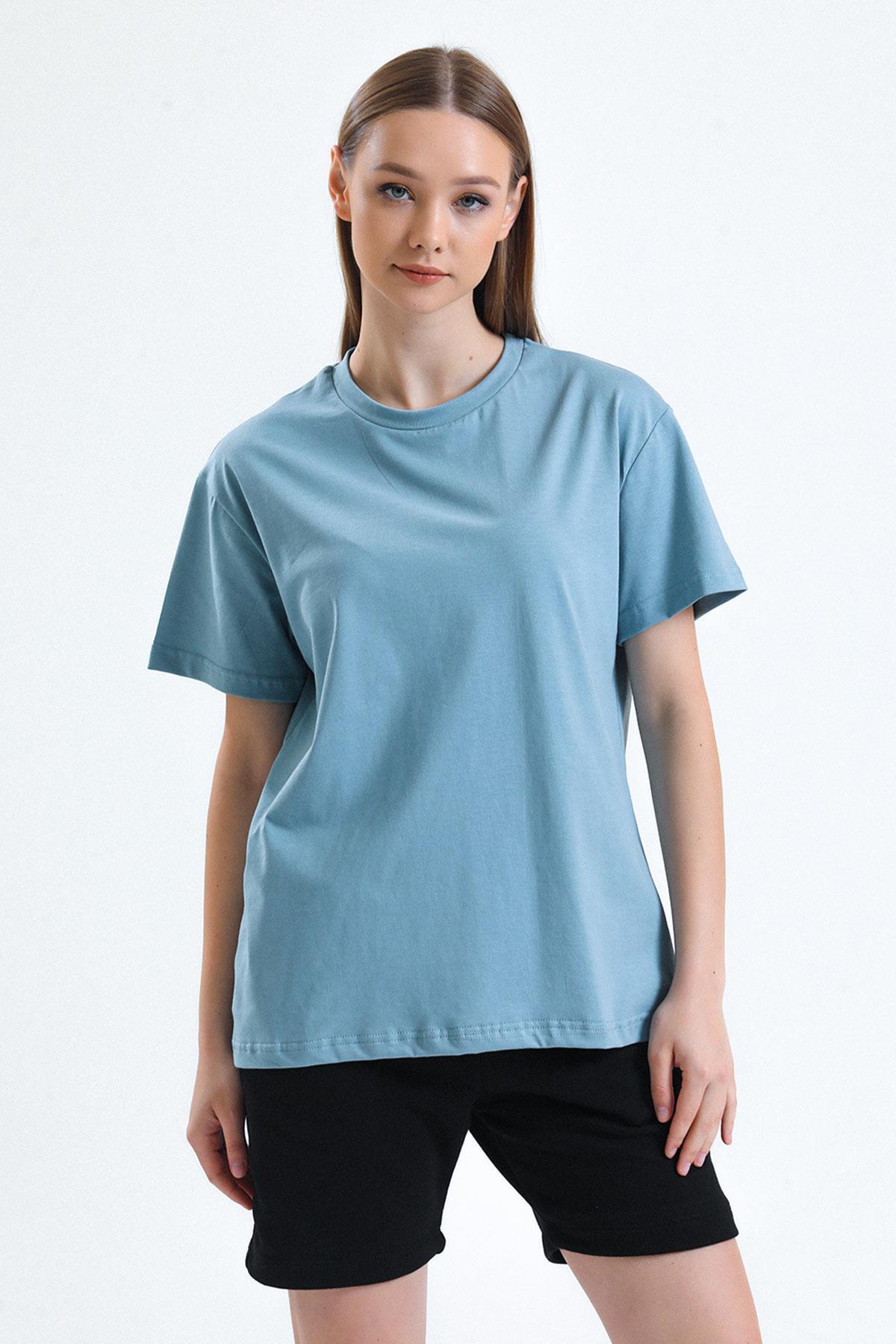 Mısırlı Kadın Pamuklu Bisiklet Yaka Pastel Mavi Regular Fit Tişört - M-KTSHIRT-RF-PM