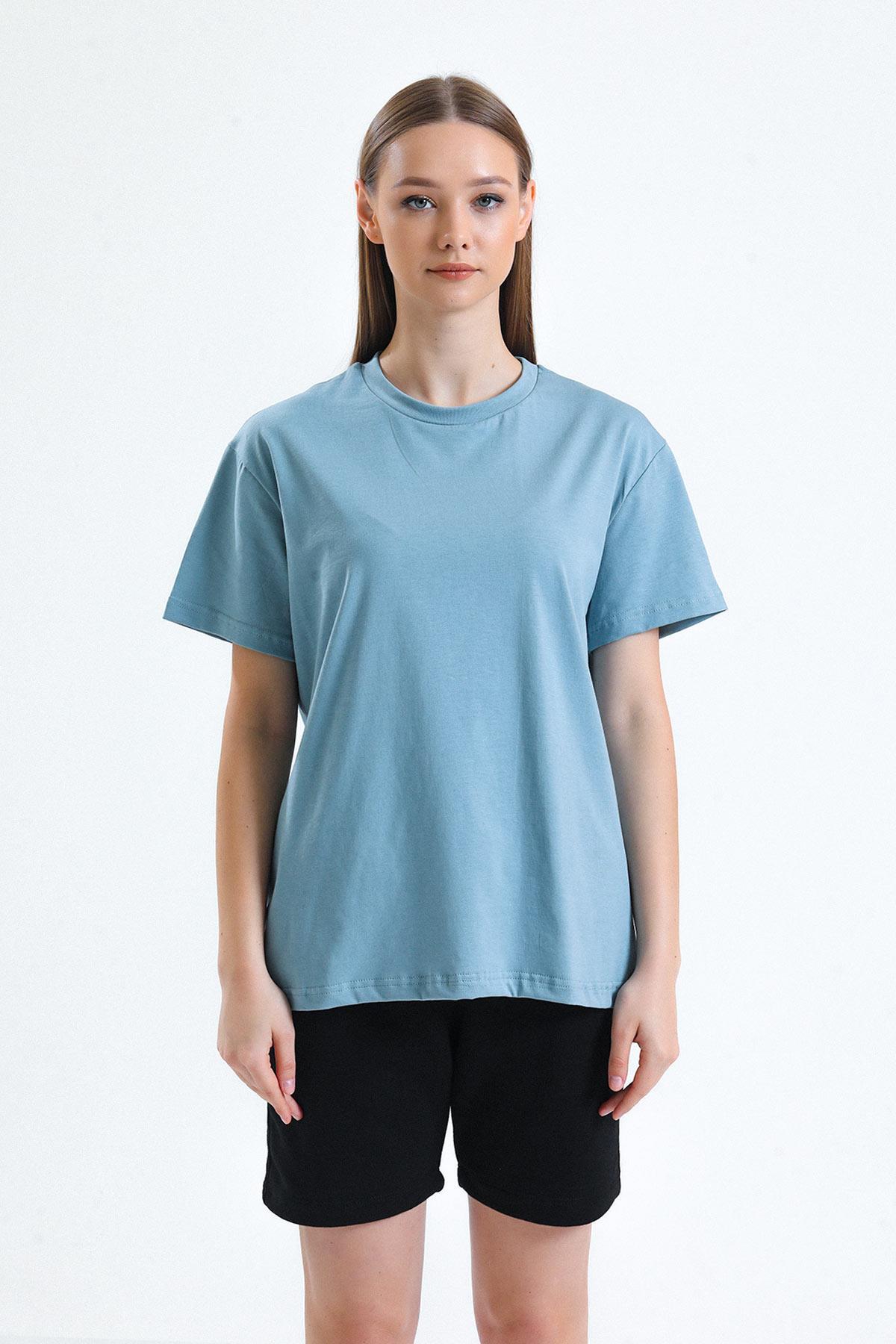 Mısırlı Kadın Pamuklu Bisiklet Yaka Pastel Mavi Regular Fit Tişört - M-KTSHIRT-RF-PM