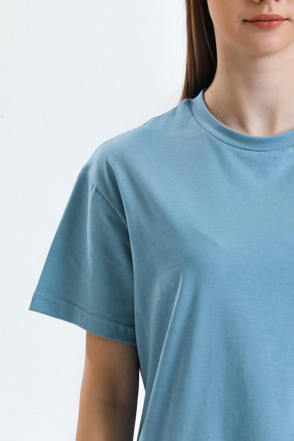 Mısırlı Kadın Pamuklu Bisiklet Yaka Pastel Mavi Regular Fit Tişört - M-KTSHIRT-RF-PM