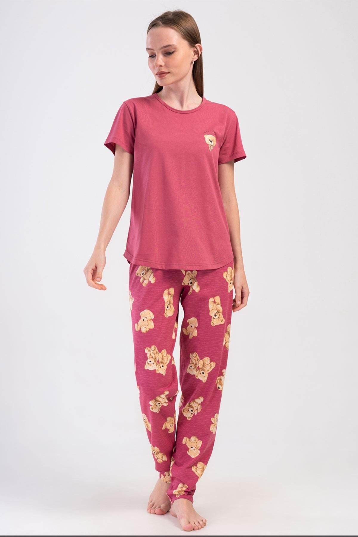 Mısırlı Kadın Pamuklu Bordo Kısa Kollu Pijama Takımı