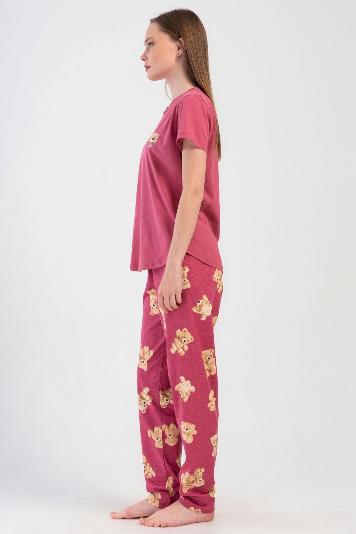 Mısırlı Kadın Pamuklu Bordo Kısa Kollu Pijama Takımı