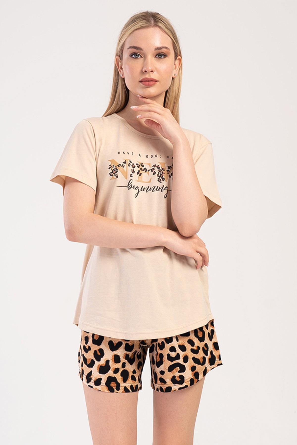 Mısırlı Kadın Pamuklu Büyük Beden Bej Kısa Kol Şort Pijama Takımı