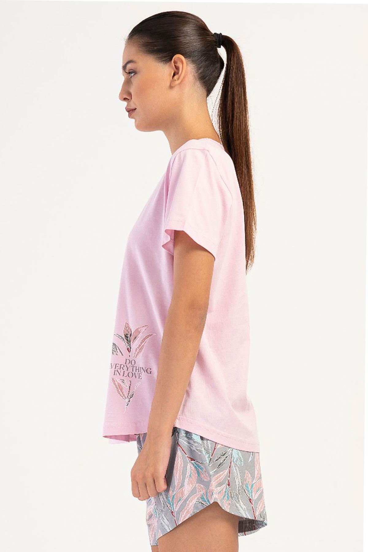 Mısırlı Kadın Pamuklu Büyük Beden Gül Kurusu Kısa Kol Şort Pijama Takımı
